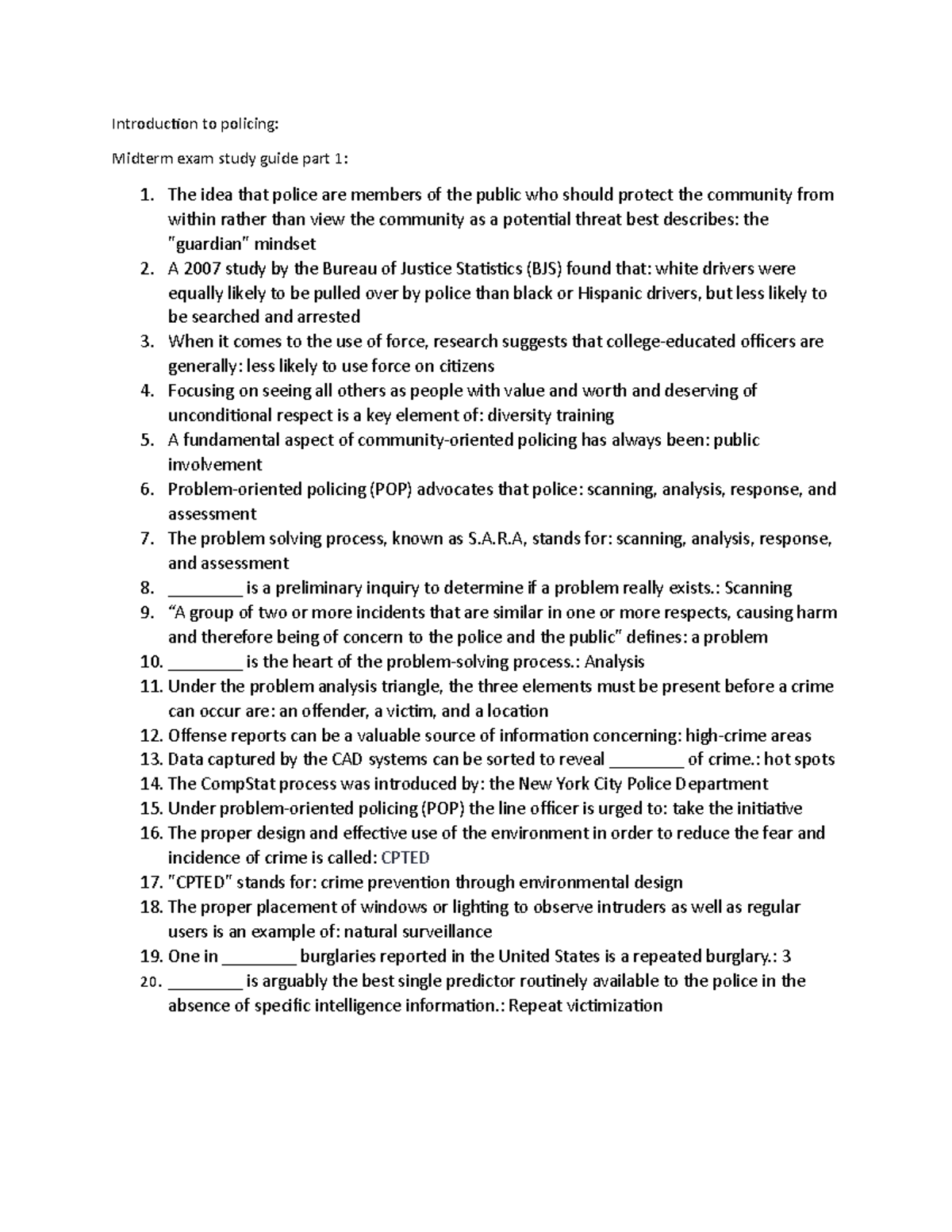 Intro to Policing: Midterm Study Guide Part 1 (Course Code: POL-101 ...
