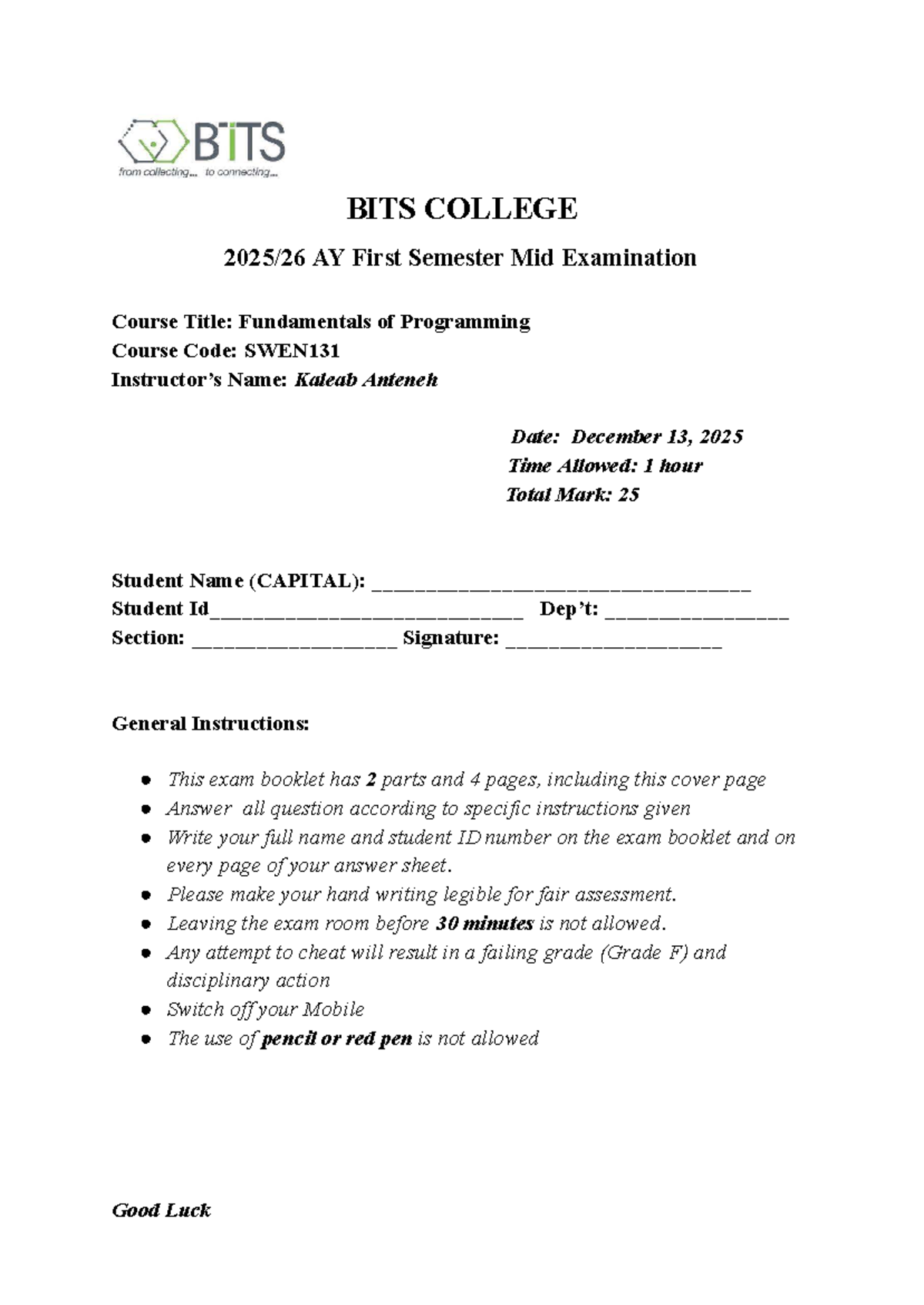 SWEN131 Fundamentals of Programming Mid Exam - Dec 2025 - Studocu