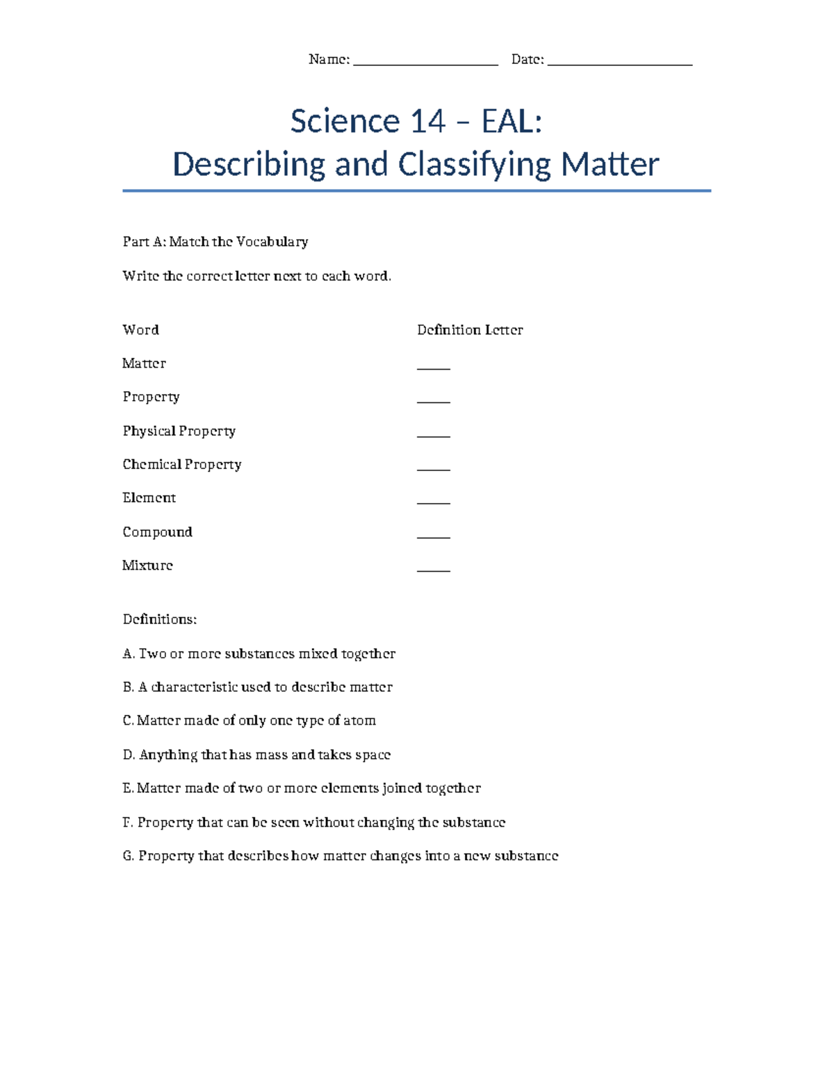 Science 14 EAL: Matter Classification Vocabulary Worksheet - Studocu