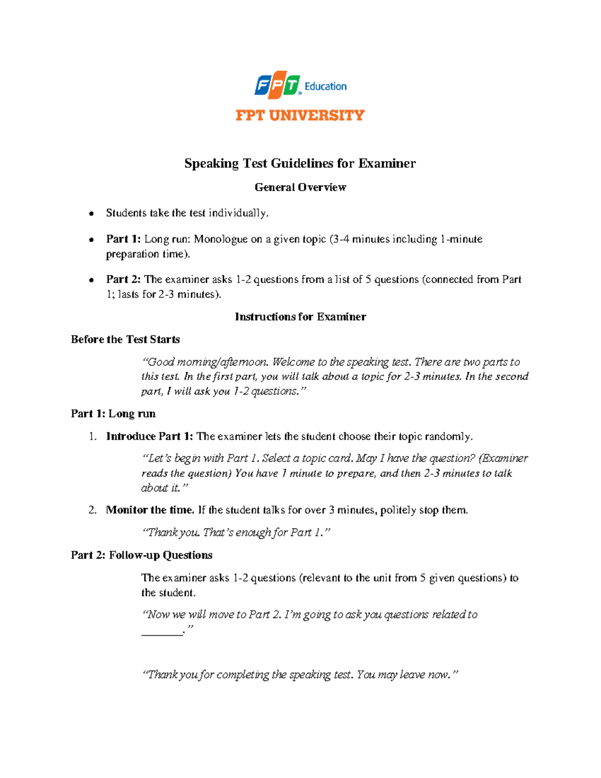 ENT503 Speaking Test Guidelines for Examiners - Studocu