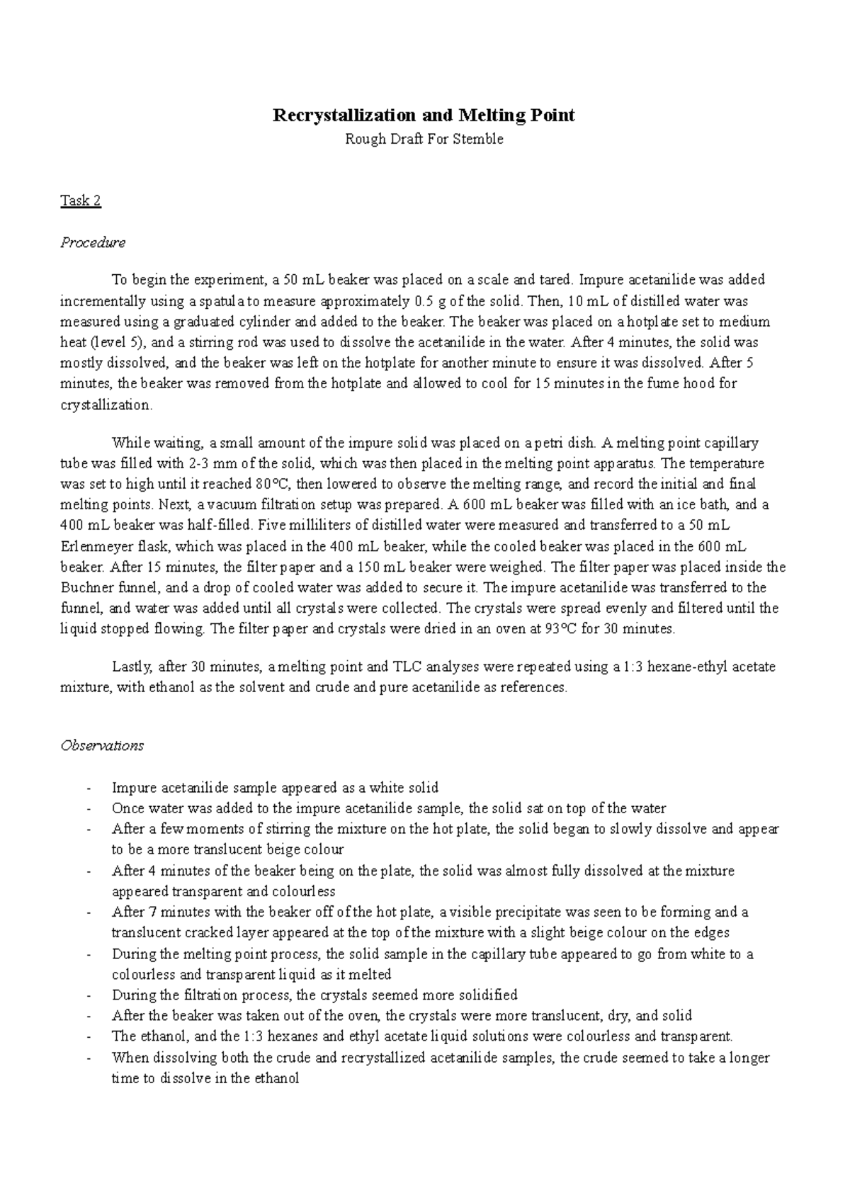 Recrystallization and Melting Point Analysis for STEMBLE Task 2 - Studocu