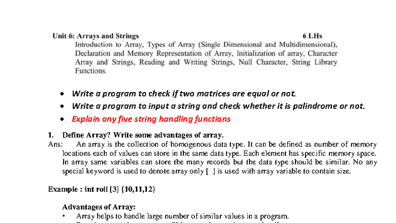 C Unit 6: Arrays and String Functions Explained - Studocu