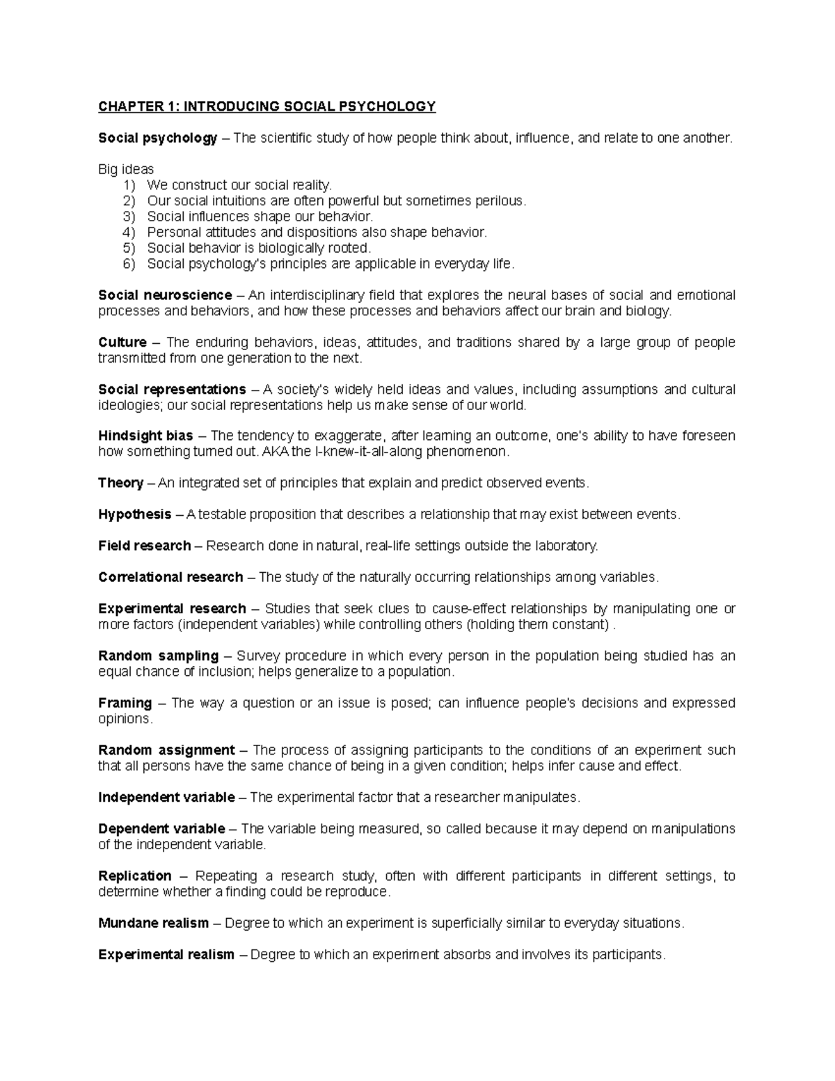 SOC PSY Chapter 1 Terms - CHAPTER 1: INTRODUCING SOCIAL PSYCHOLOGY ...