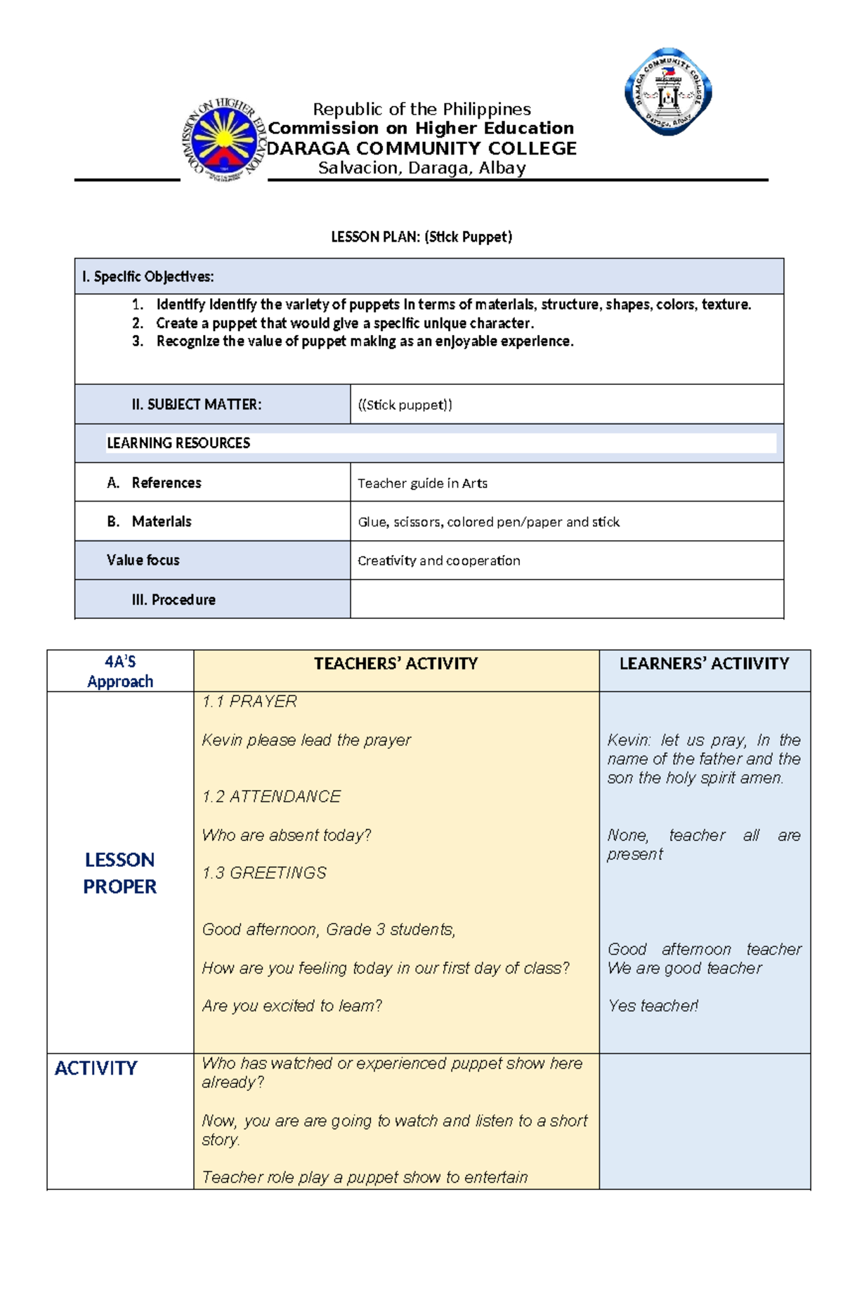 Lesson Plan: Stick Puppet Making for Grade 3 (LP 2) - Studocu