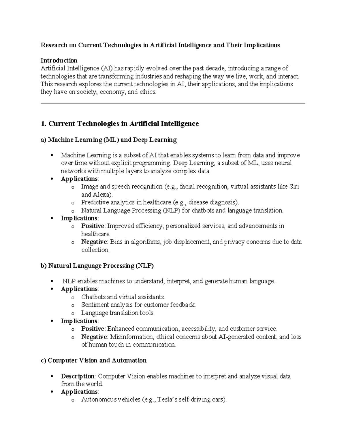 Current technologies in AI and their implications: A comprehensive ...