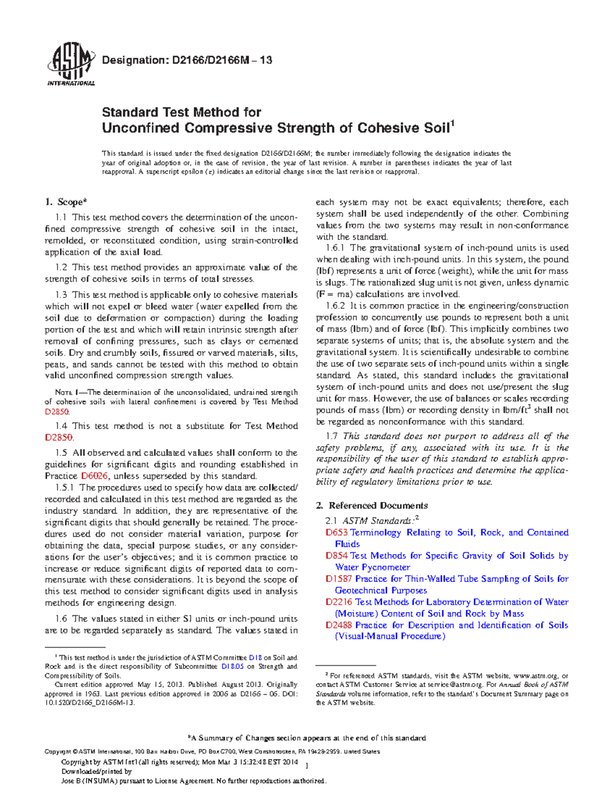 ASTM D2166/D2166M-13 Unconfined Compressive Strength Test Method - Studocu
