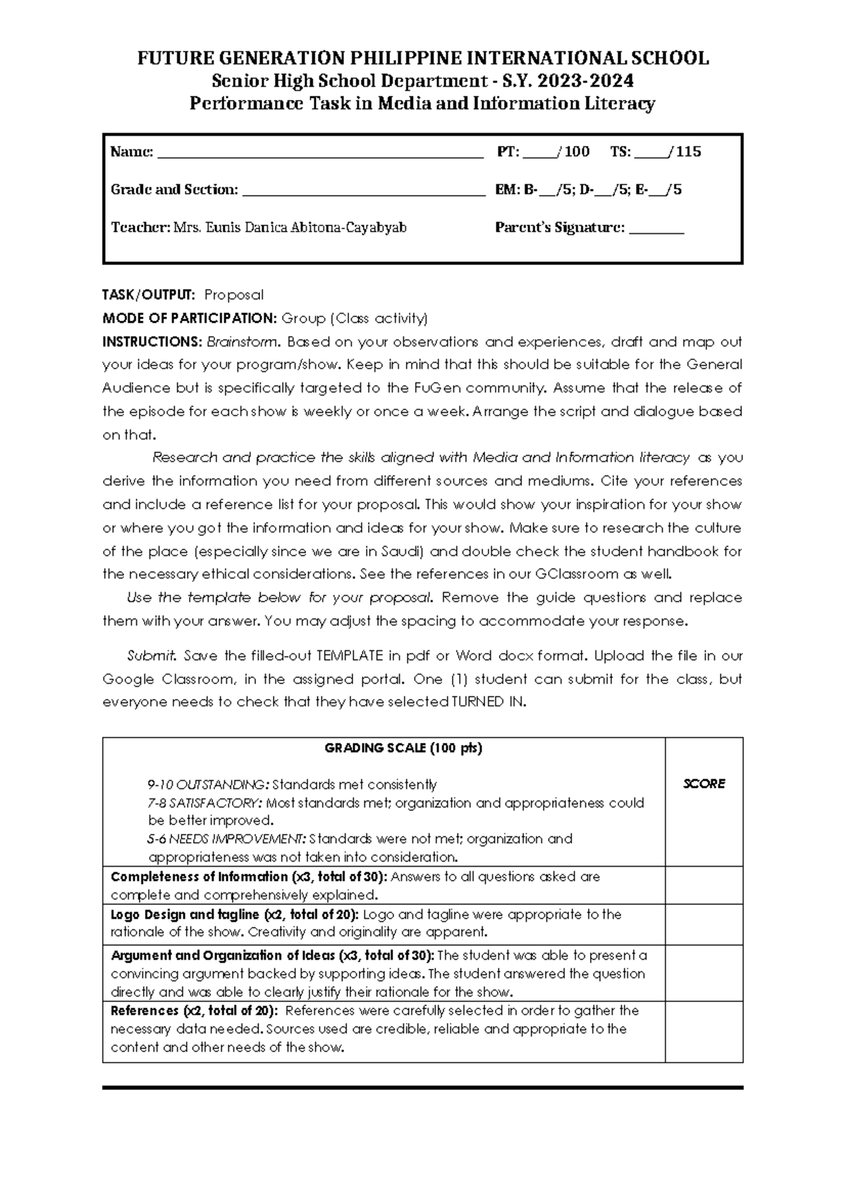 MIAL 12 Performance Task: Media & Info Literacy Show Proposal - Studocu