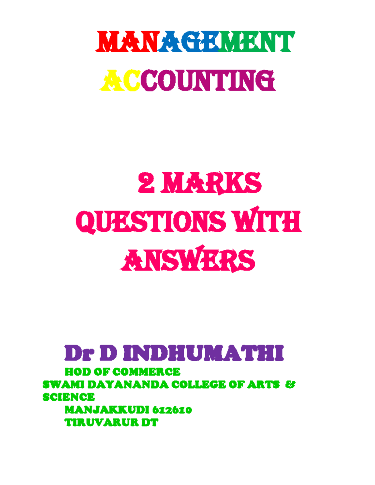 MA 2 MARKS QUESTIONS & ANSWERS: MANAGEMENT ACCOUNTING GUIDE - Studocu