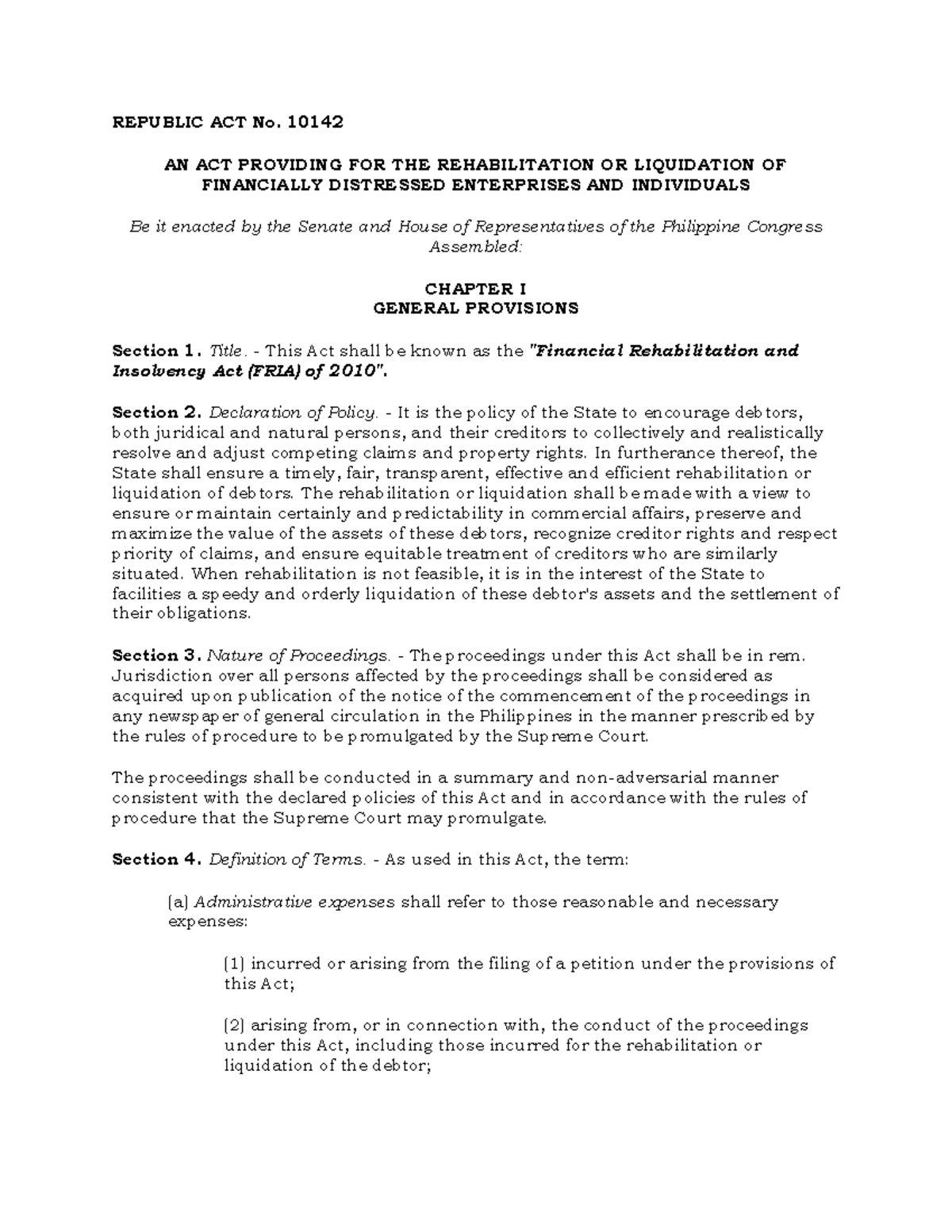 Republic Act No. 10142: The Financial Rehabilitation and Insolvency Act ...