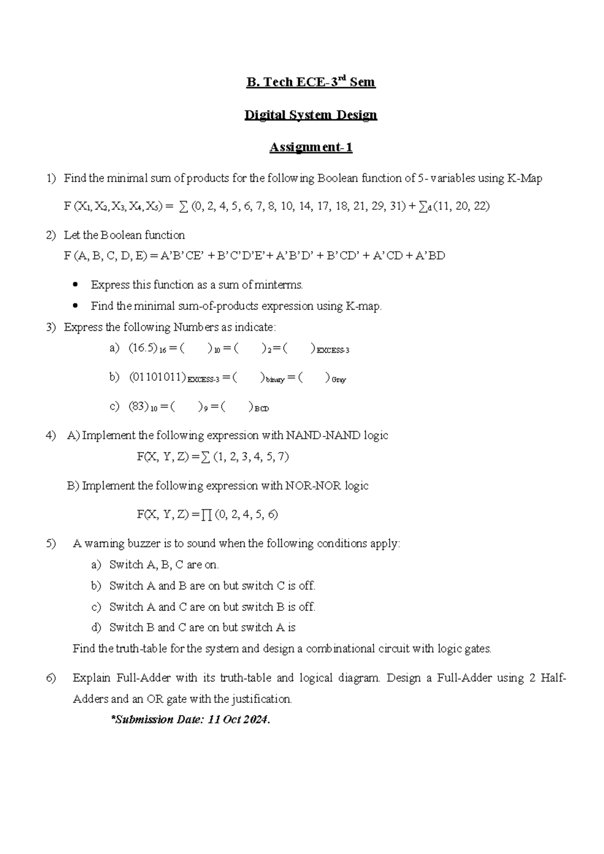 Assignment-1 DSD - B. Tech ECE-3rd Sem Digital System Design Assignment ...