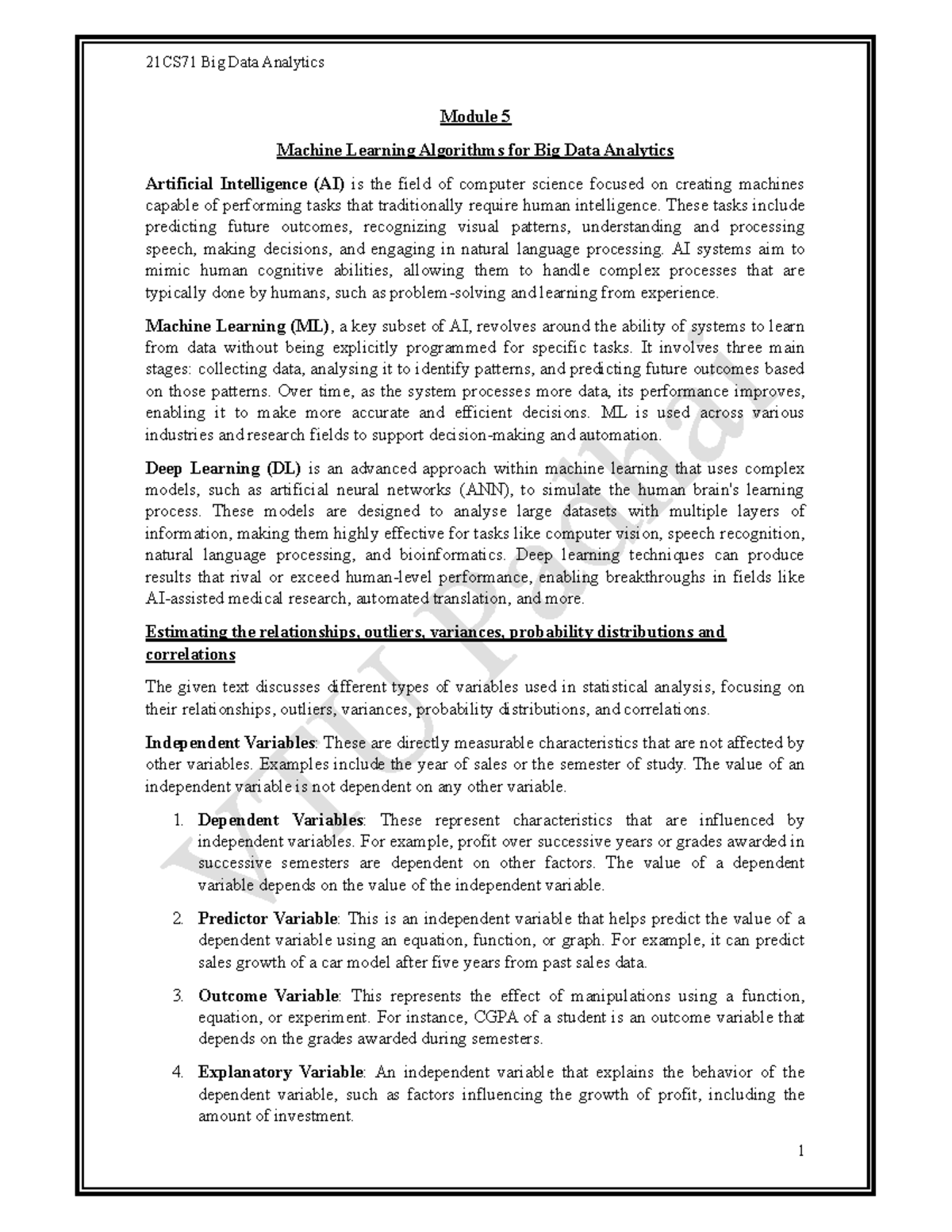 21CS71 Big Data Analytics: Module 5 - Machine Learning Algorithms ...