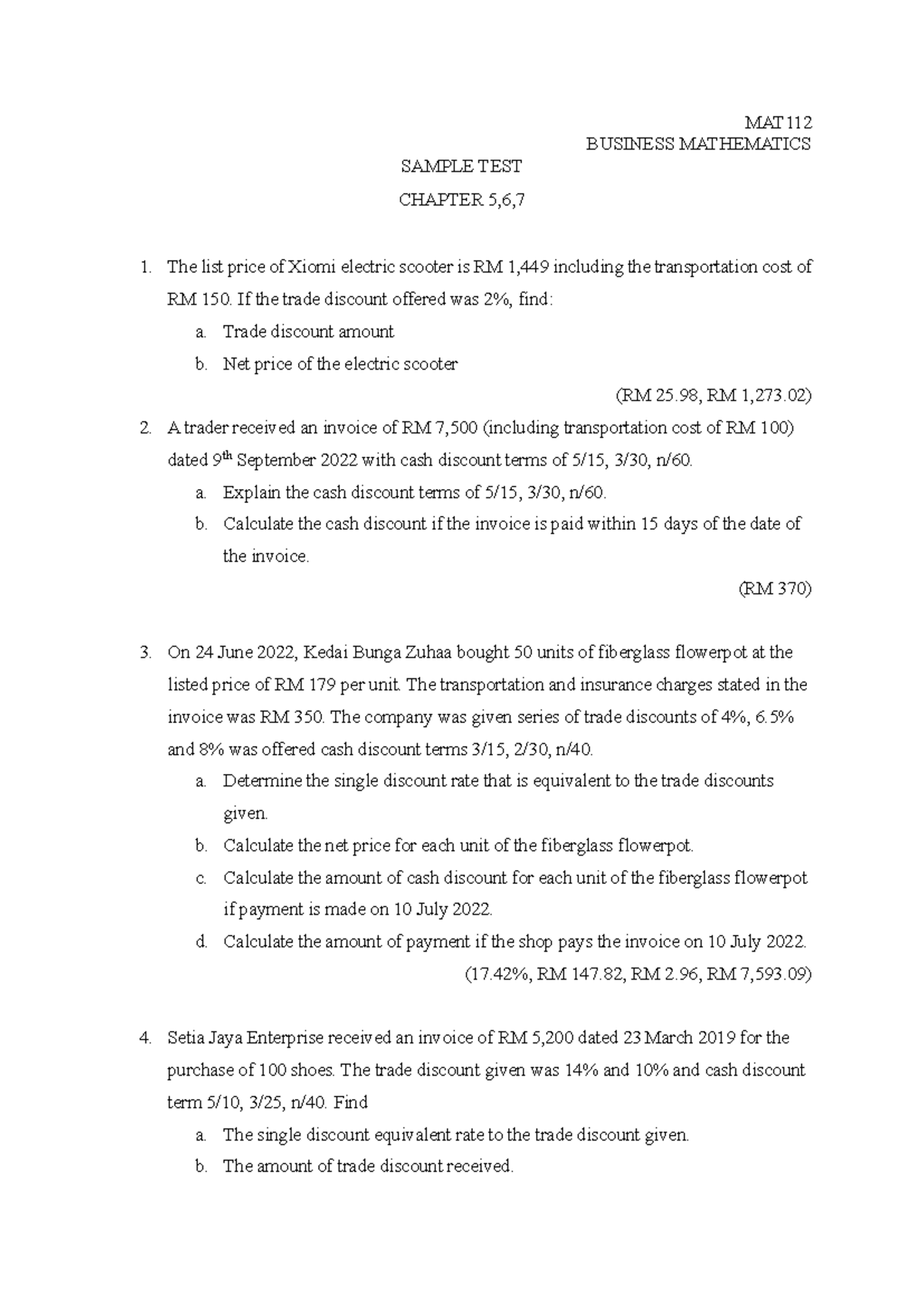 Sample Test For Mat 112 Business Mathematics Chapters 5 6 Studocu