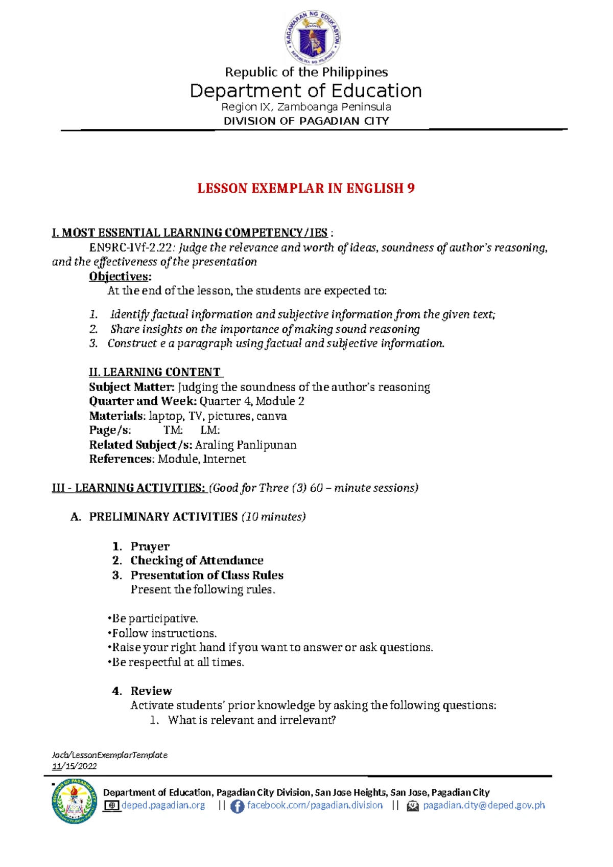 **EN9 Lesson Exemplar: Analyzing Critical Reading Issues** - Studocu