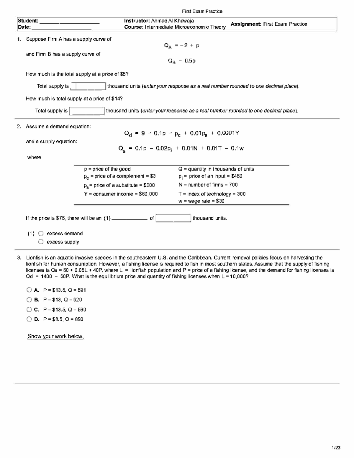 Intermediate Microeconomic Theory: First Exam Practice Questions - Studocu