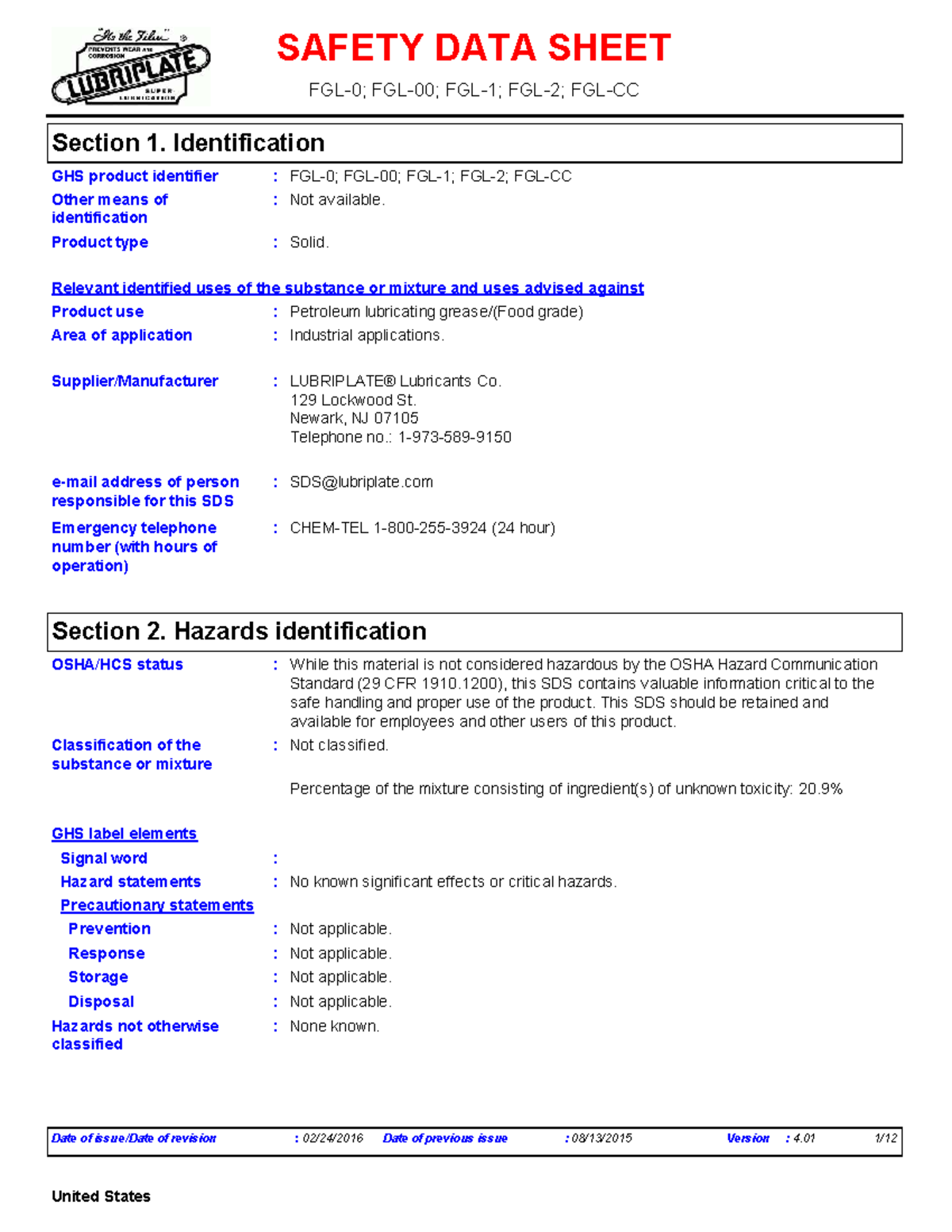 FGL Series - Technical Data and Safety Sheet for Lubriplate Greases ...
