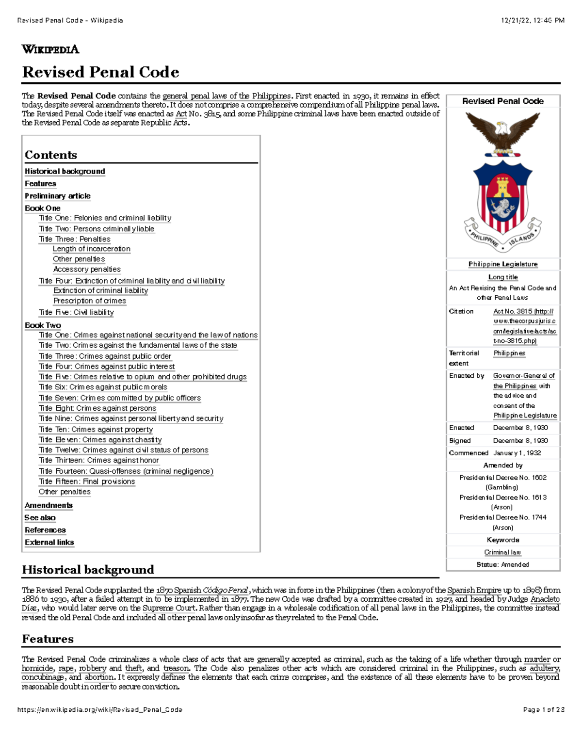Revised Penal Code - Wikipedia - Revised Penal Code Philippine ...