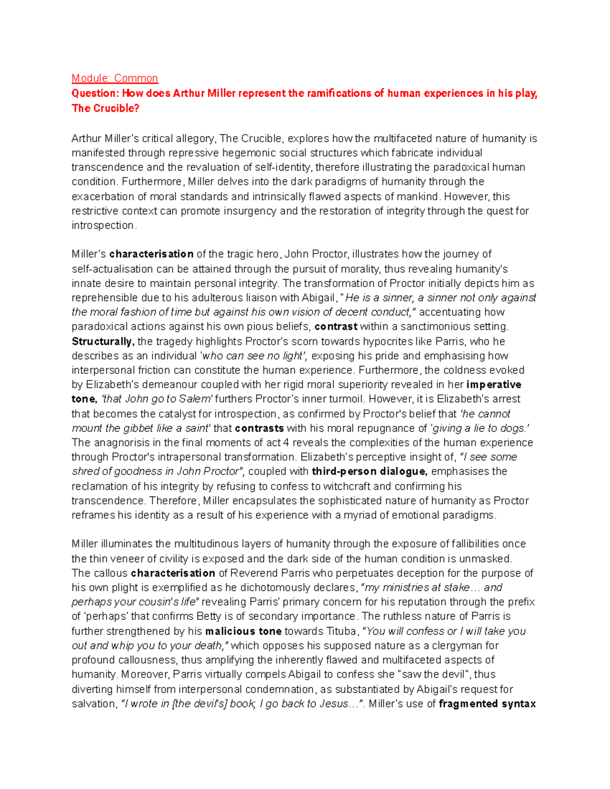 Common Module essay - Module: Common Question: How does Arthur Miller ...