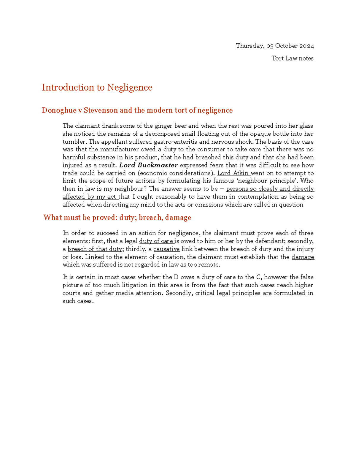 Tort Law Notes: Introduction to Negligence & Key Cases (2024) - Studocu
