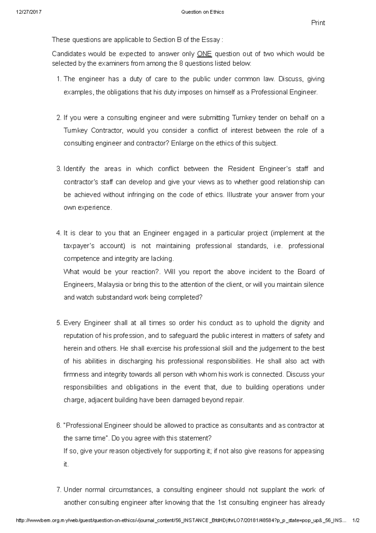 Ethics Questions for Final Exam - Professional Engineering (PE 101 ...