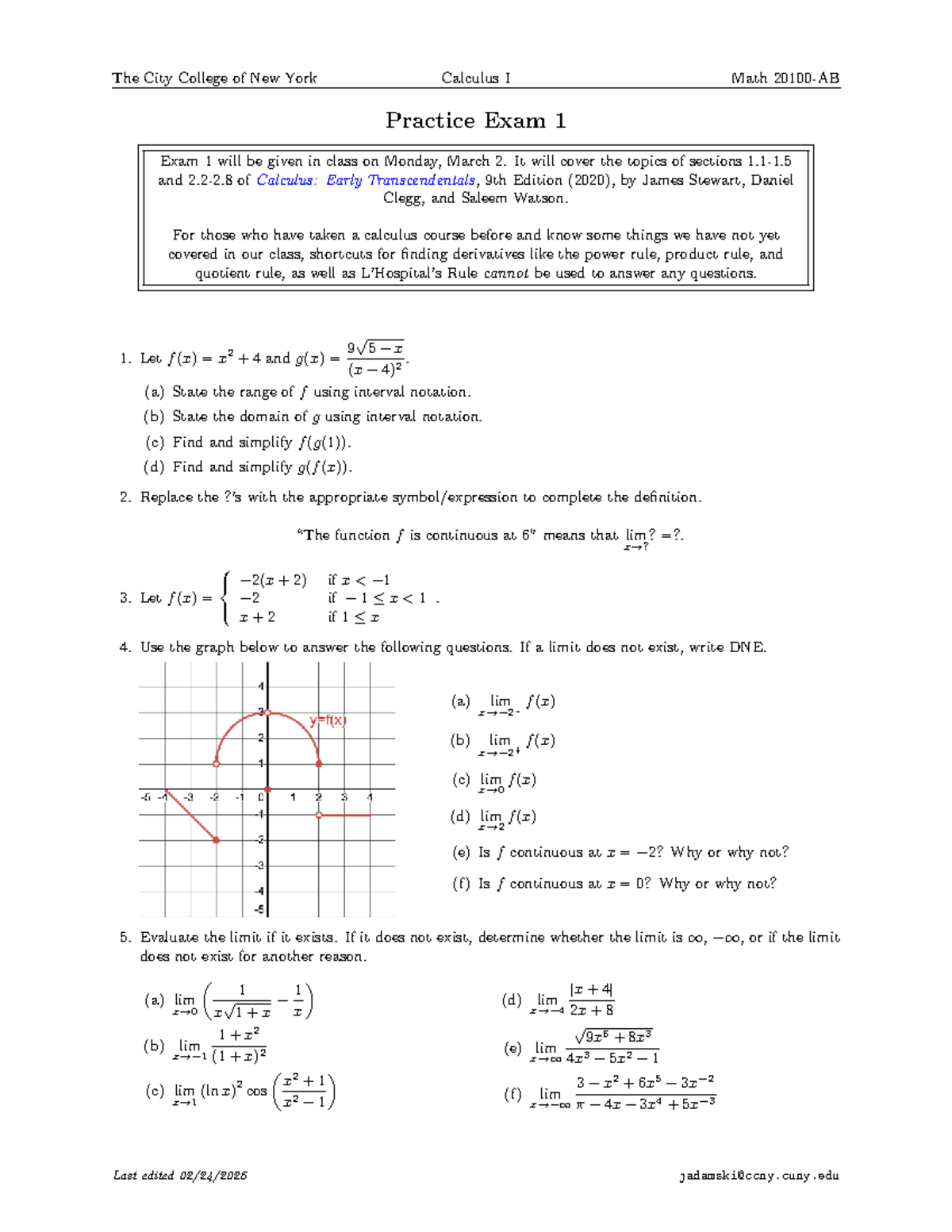 Practice Exam 1 for Calculus I (MATH 201-ABs2026) - Studocu
