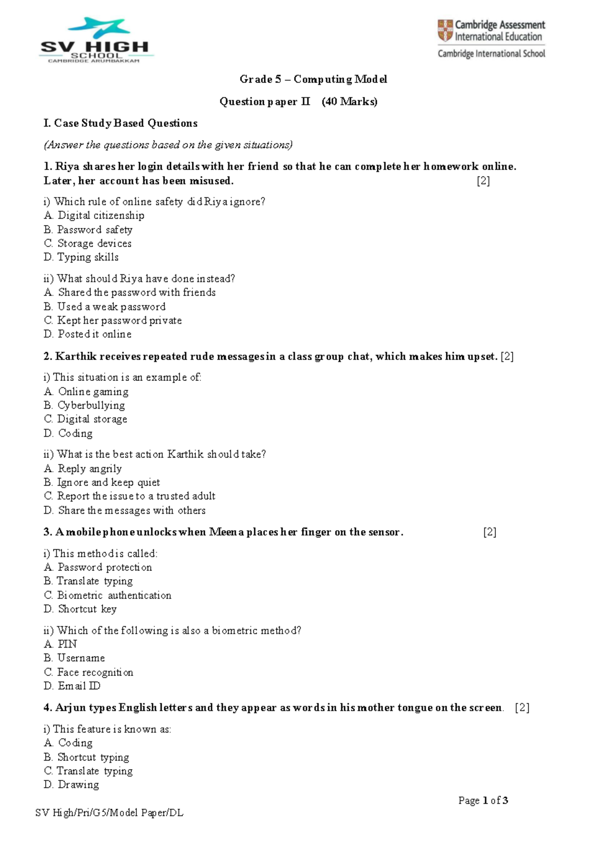Grade 5 Computing Model Question Paper II (40 Marks) - Case Study Focus ...