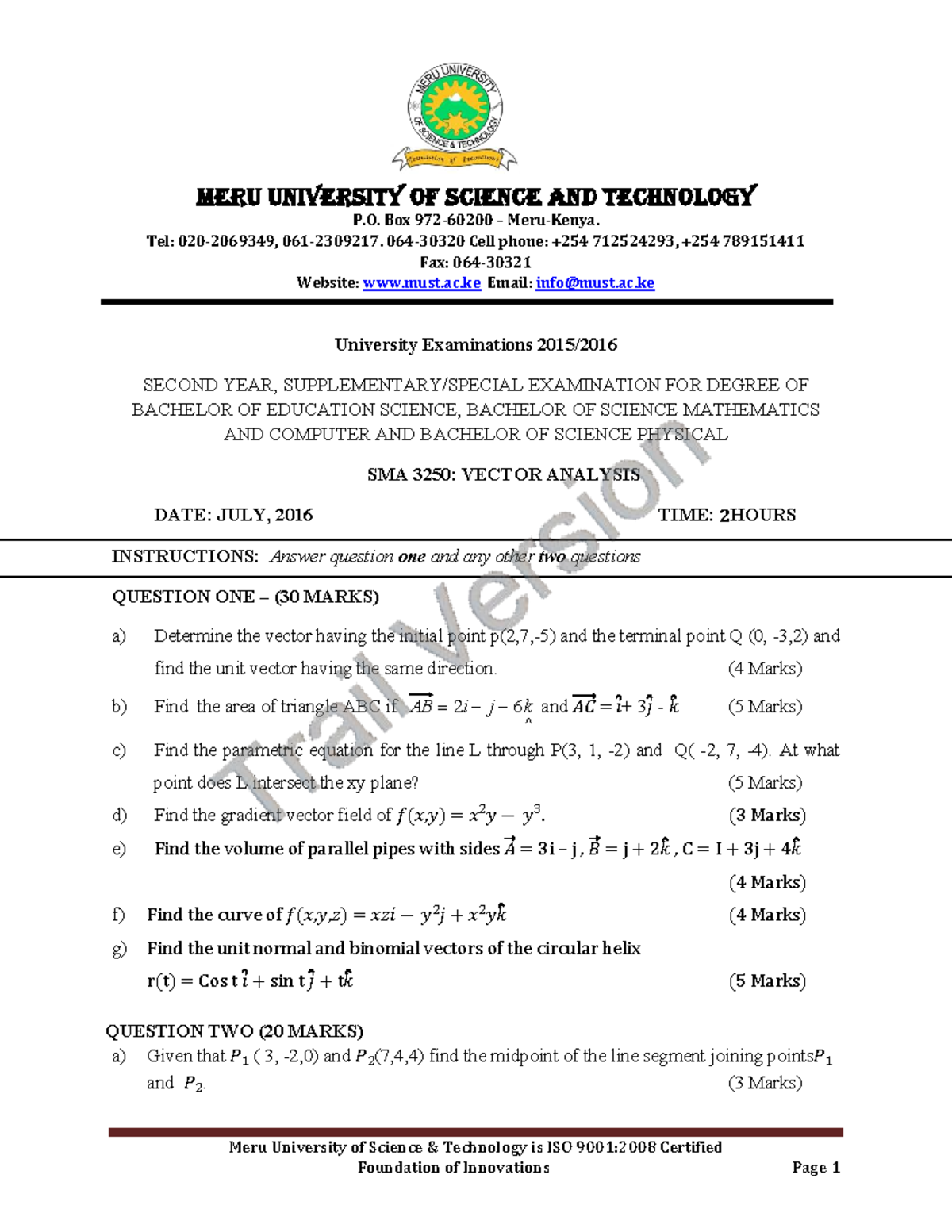 SMA 3250: Final Exam Study Notes on Vector Analysis - Studocu
