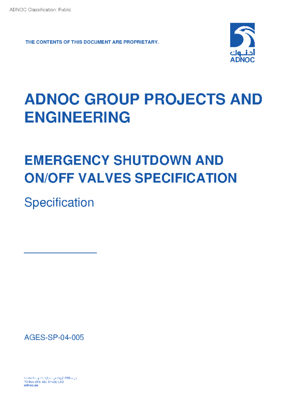 ADNOC AGES-SP-04-005: Emergency Shutdown & On/Off Valves Specification ...
