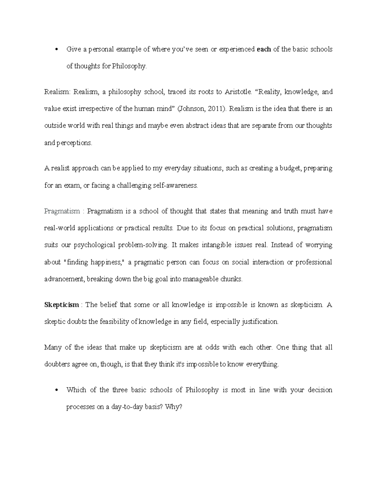 Philosophy Schools of Thought: Personal Examples - Discussion Unit 1 ...