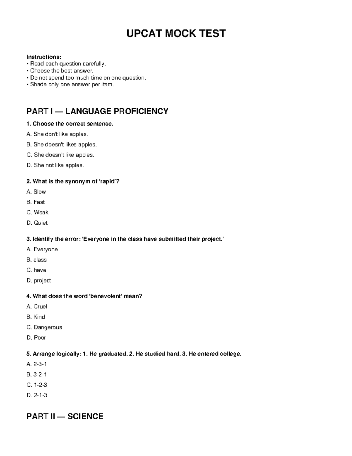 UPCAT Mock Test - Language, Science & Math Proficiency - Studocu