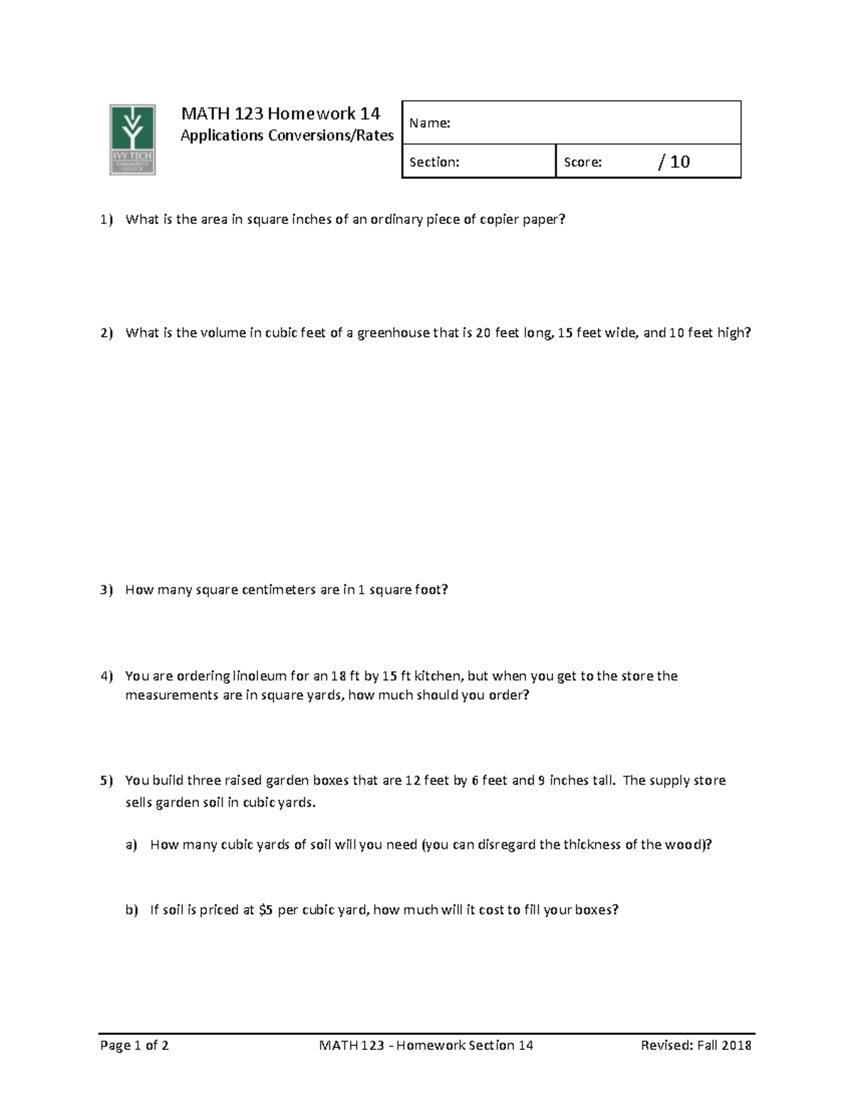 MATH 123 Homework 14: Applications \u0026 Conversions - Studocu