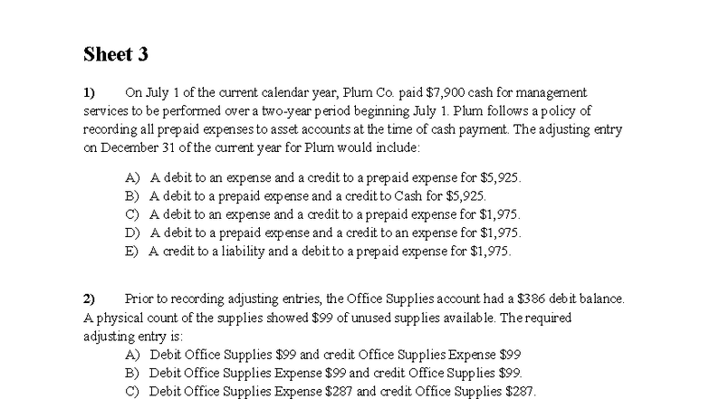 Sheet 3 Lecture 3 - Adjusting Entries and Accounting Concepts - Studocu