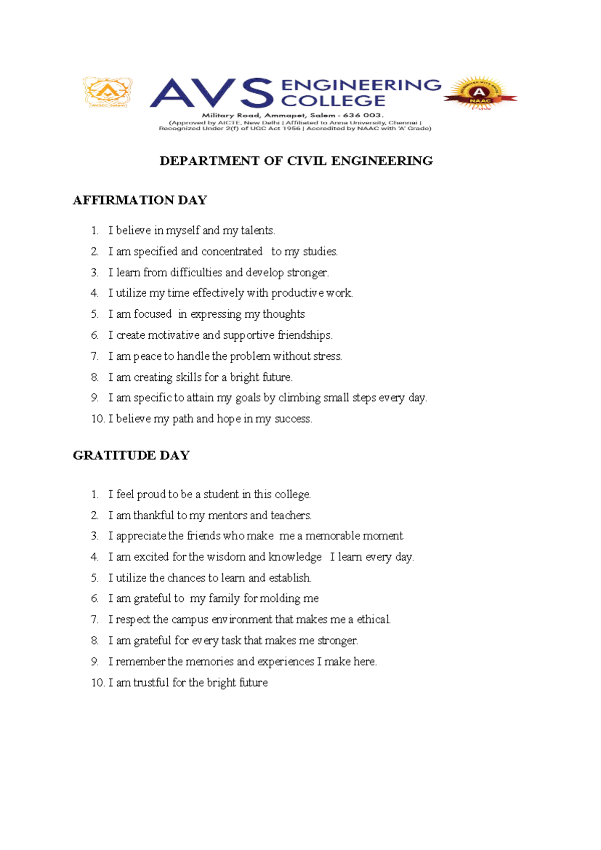 Civil Engineering Affirmation & Gratitude Reflections - Studocu