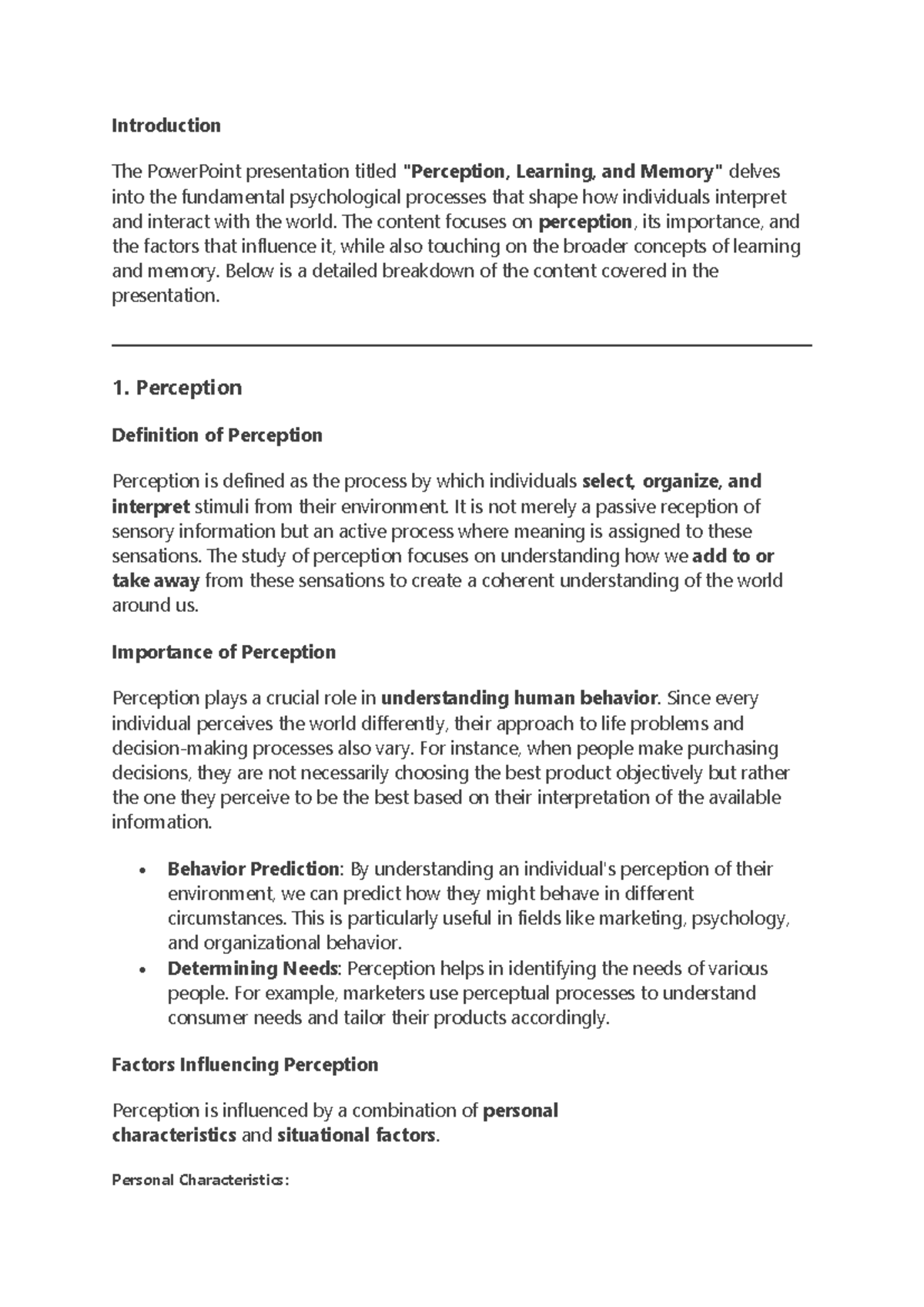 Perception and Learning Overview - PSY 101 Lecture Notes - Studocu