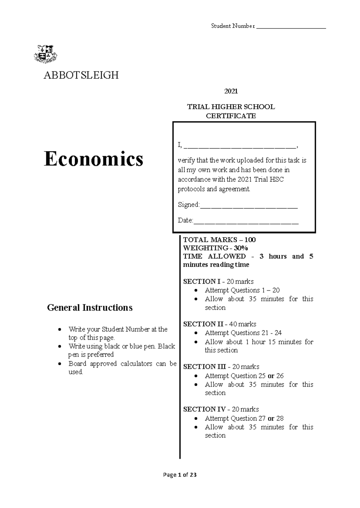 Abbotsleigh 2021 Trial HSC Economics Exam & Solutions - Studocu