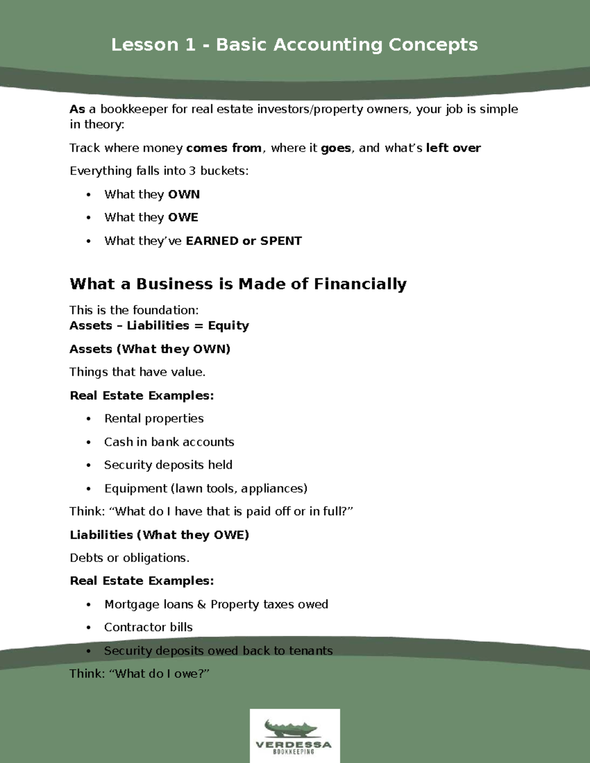 Lesson 1 - Basic Accounting Concepts for Real Estate Bookkeeping - Studocu