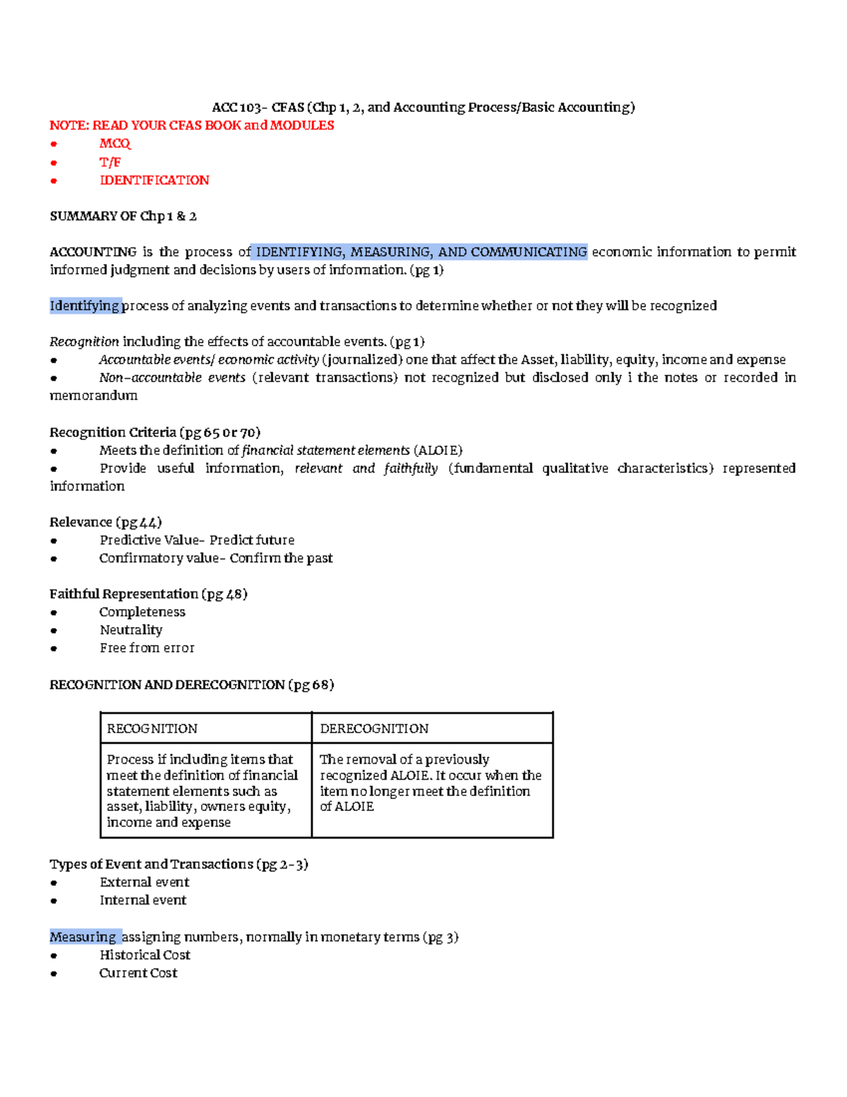 ACC CFAS Summary Notes: Chapters 1 & 2 Overview - Studocu