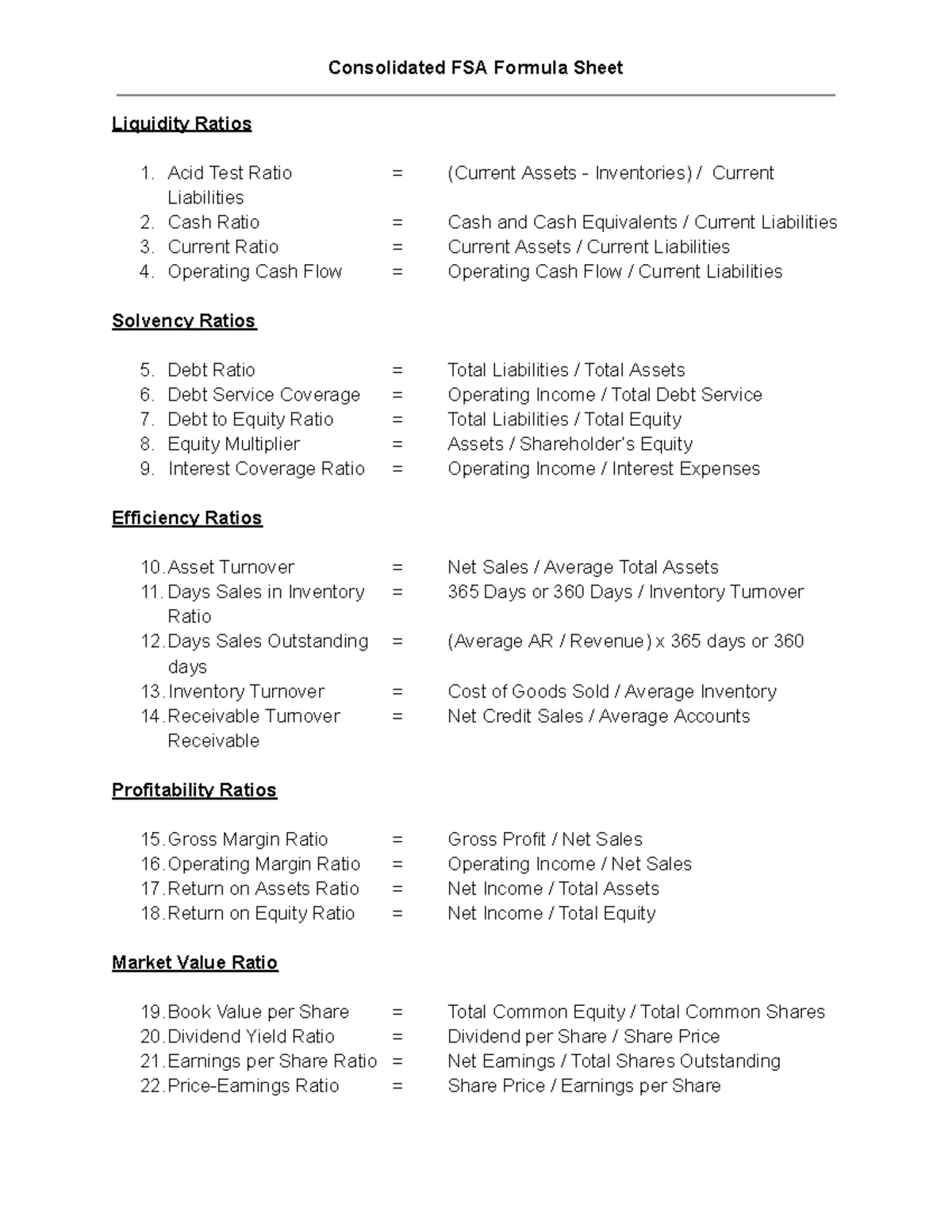 Financial Statement Analysis Formula Sheet (FSA) - Studocu