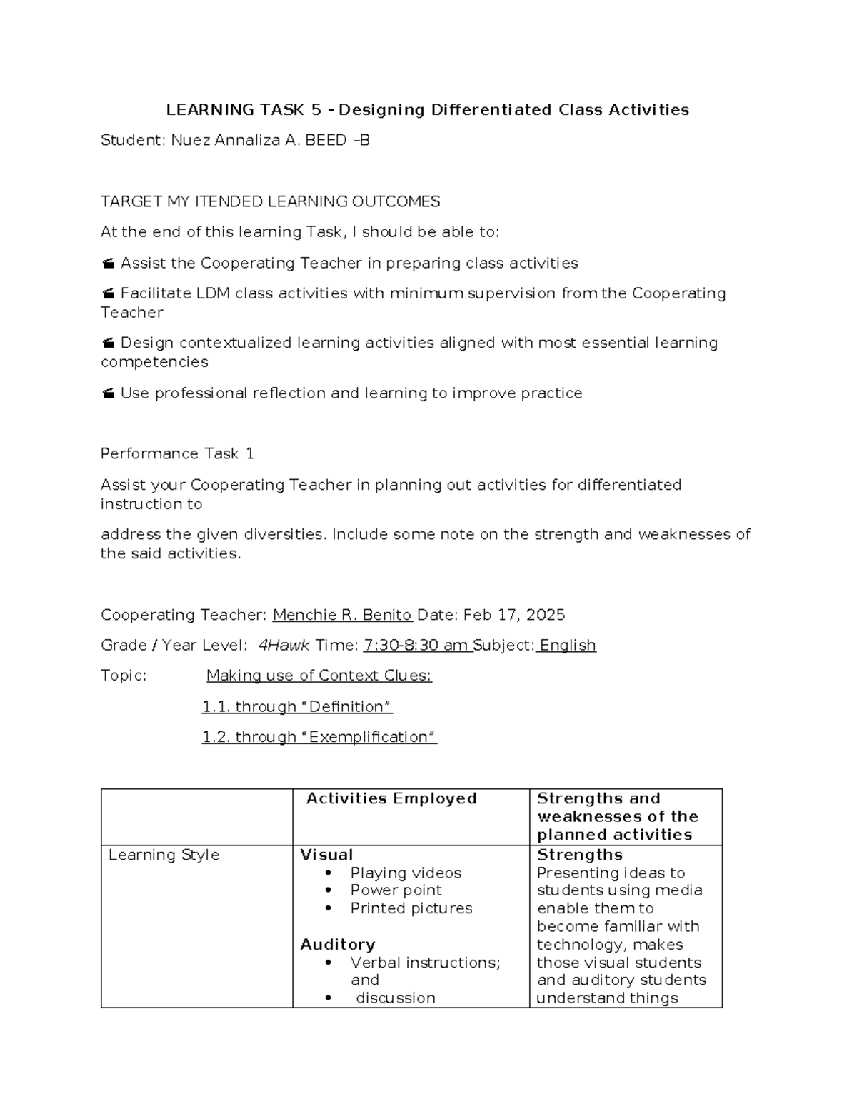 BEED-B: Learning Task 5 - Designing Contextualized Class Activities ...