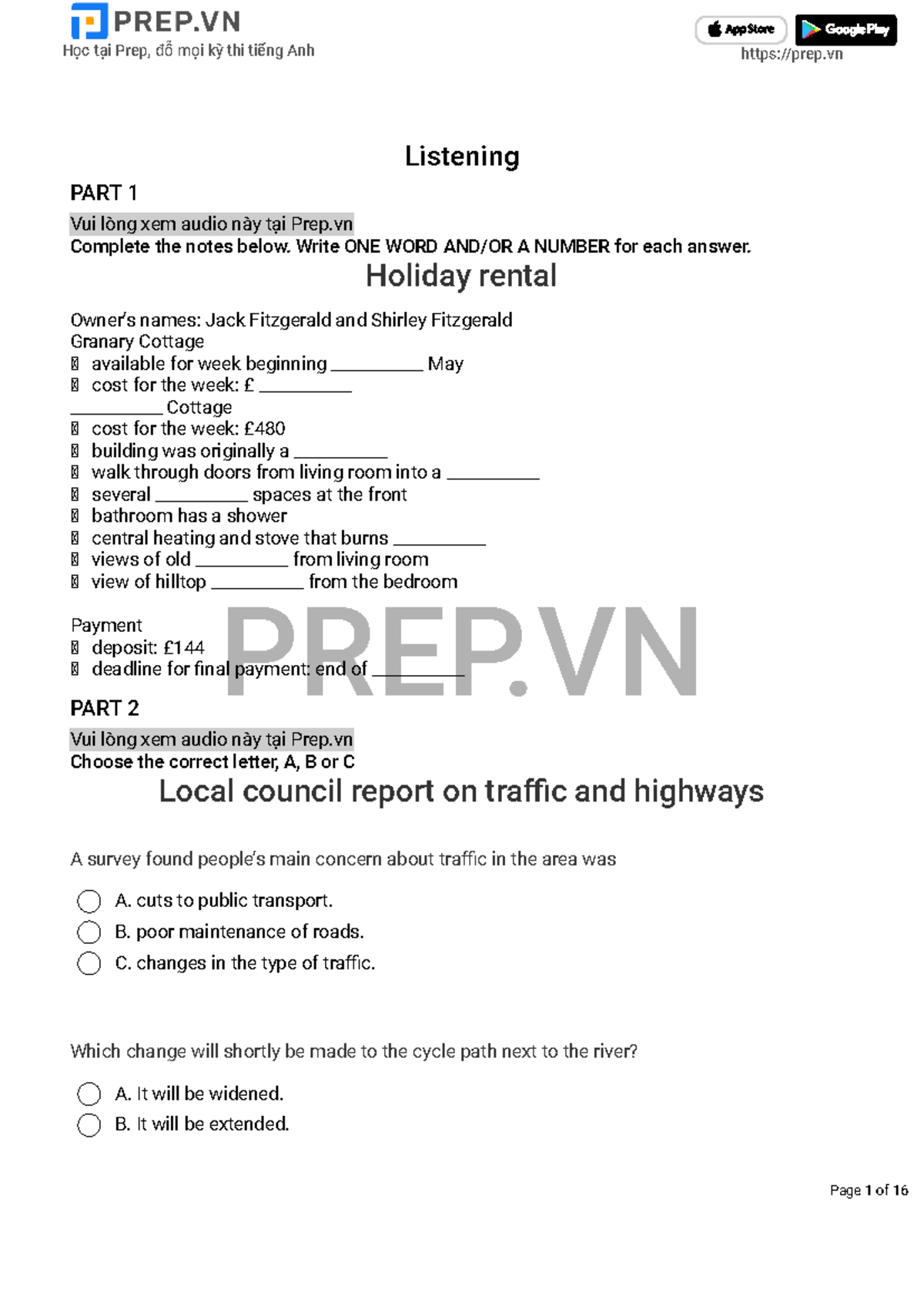 Prep.vn 12 Cambridge Ielts Practice Tests - Listening PART 1 Vui lòng ...