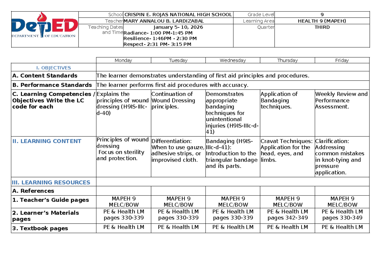 Health 9 (MAPEH) Q3 Week 2 Lesson Plan on First Aid Techniques - Studocu