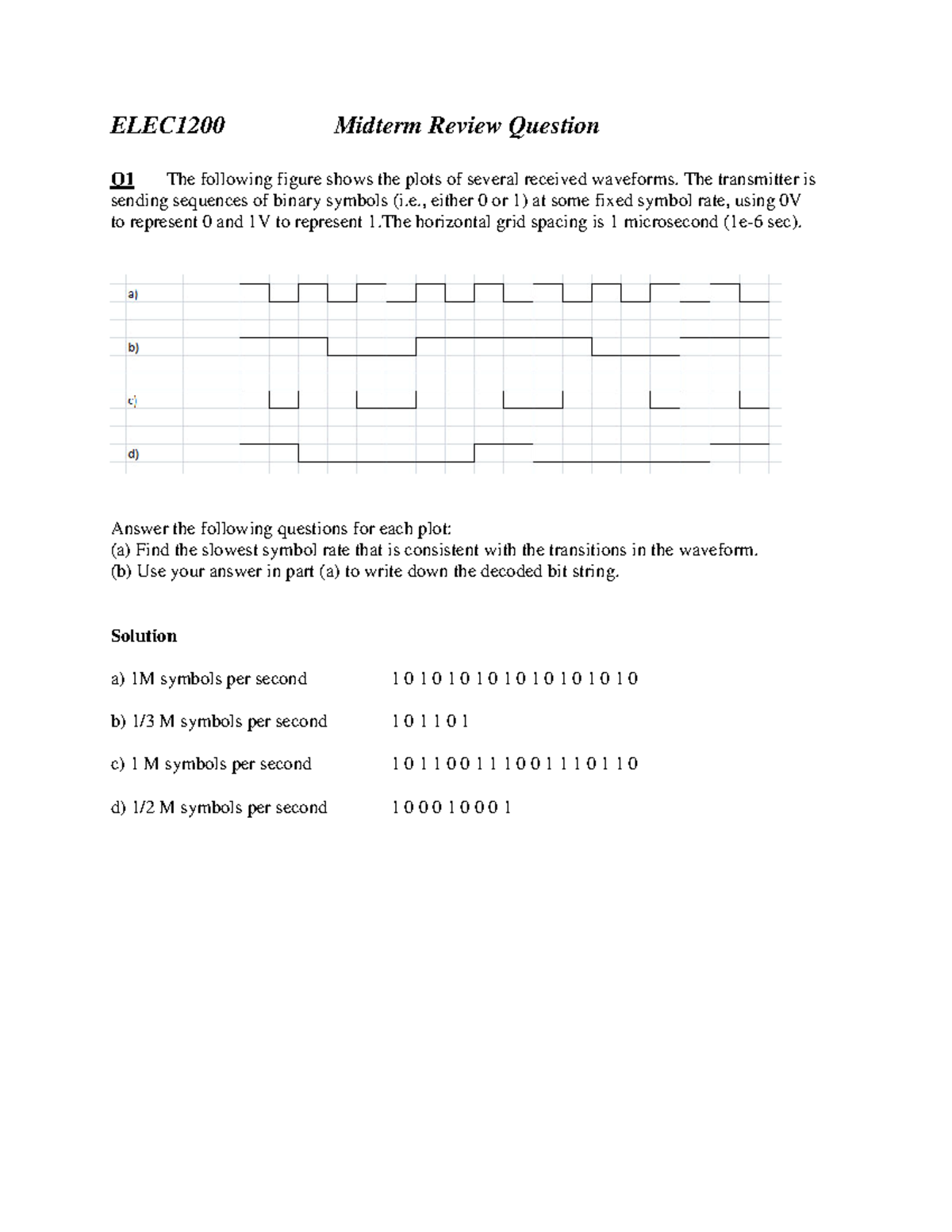 (ELEC1200) Midterm Review: Waveforms, LTI Systems, and Noise Analysis - Document Preview