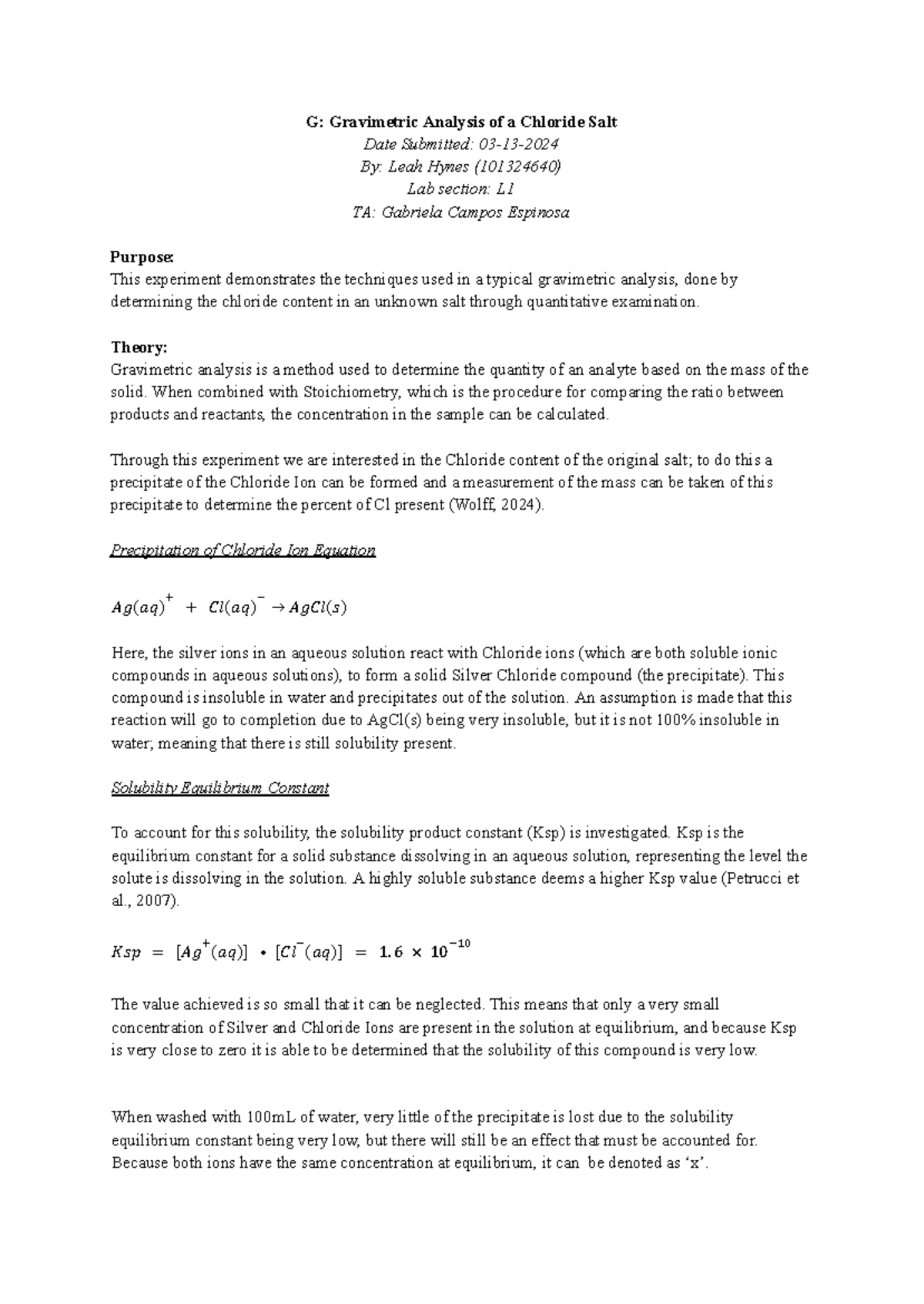 G Formal report - G: Gravimetric Analysis of a Chloride Salt Date ...