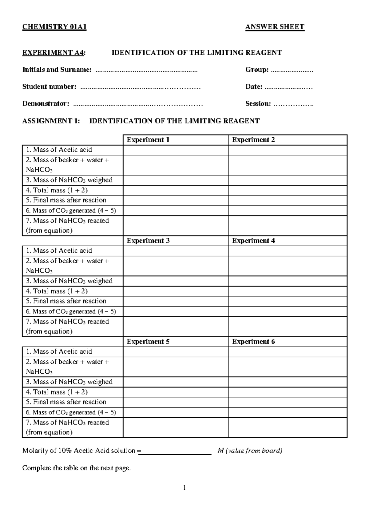 CEM01A1 - EXP A4: Limiting Reagent Identification Answer Sheet 2024 ...