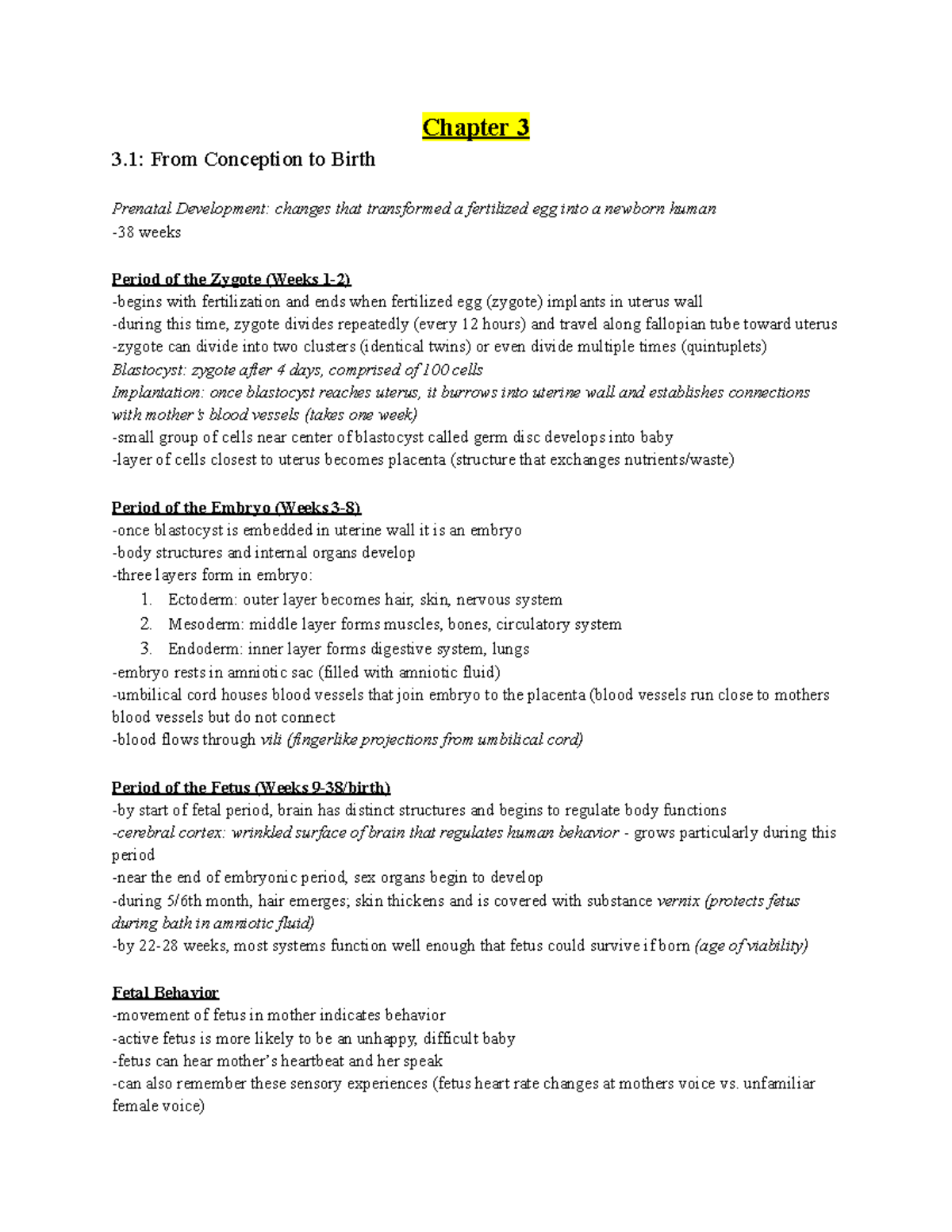 Psych 2040 - Chapter 3 Notes: Prenatal Development & Birth Process ...