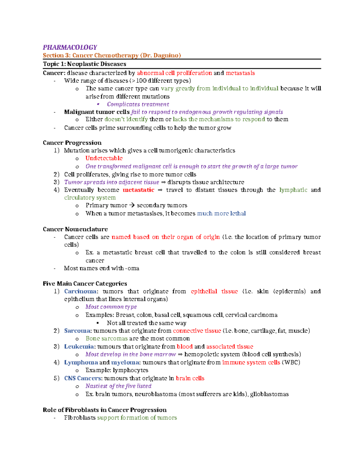 Pharm 3: Cancer Chemotherapy Overview and Treatment Principles - Studocu