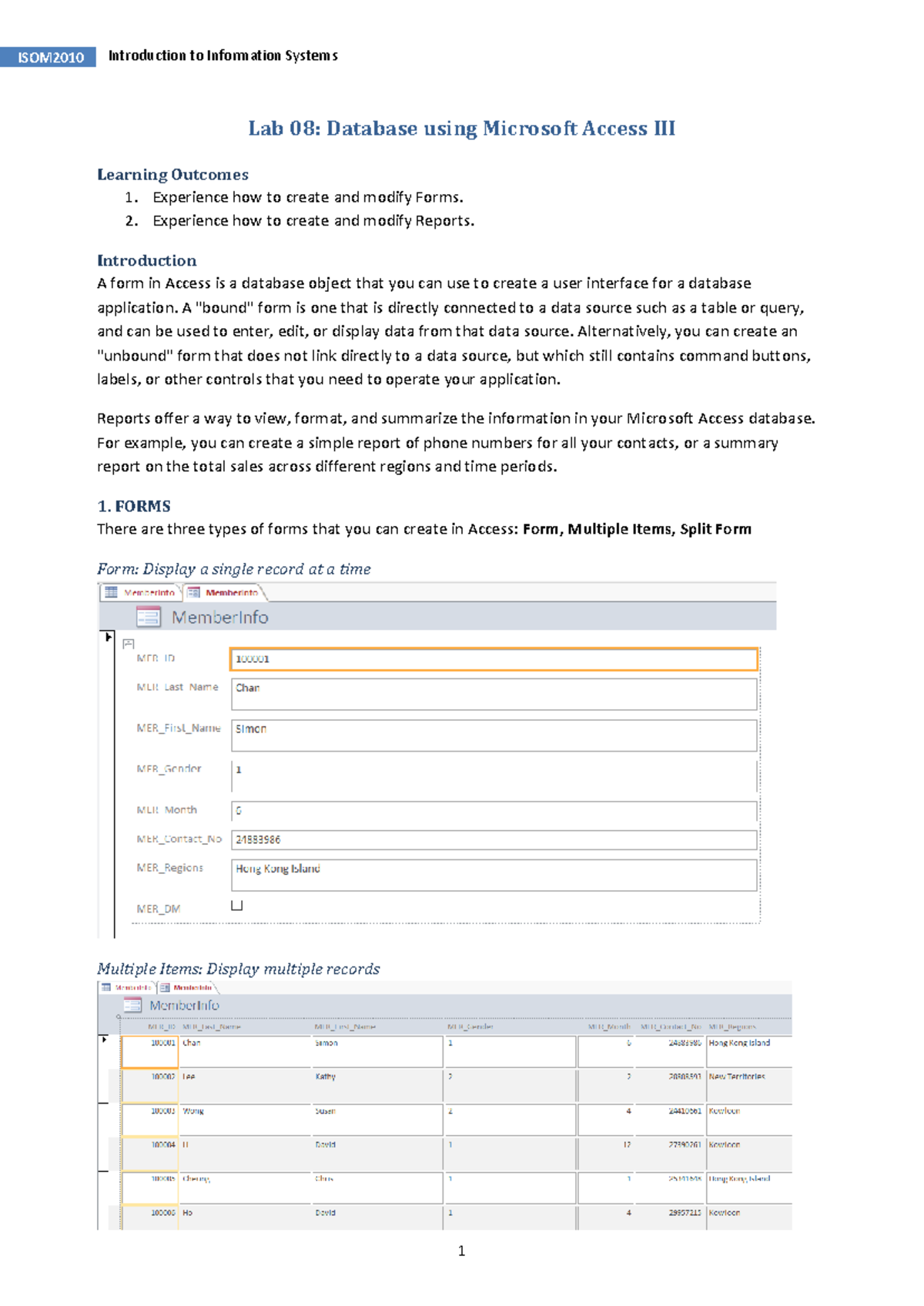 Lab 08: Creating and Modifying Access Forms & Reports (ISOM) - Studocu