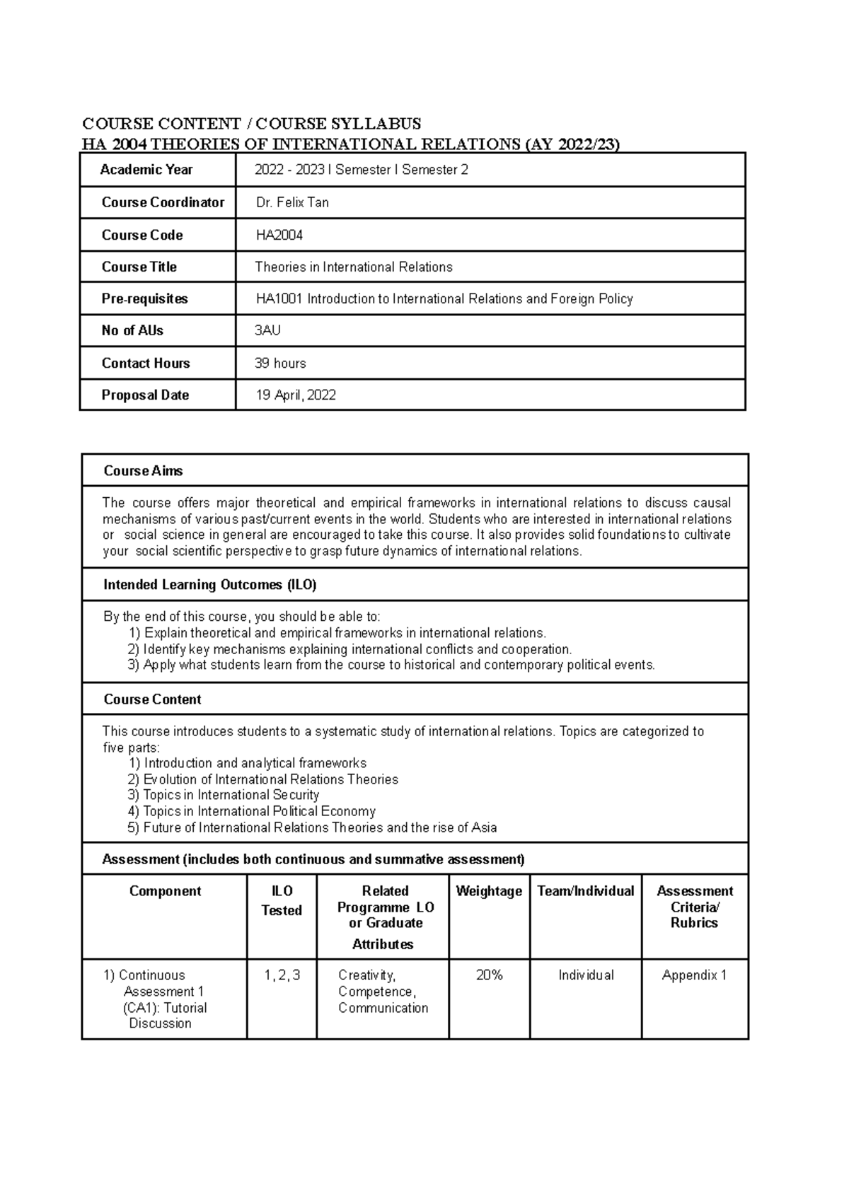 Course Syllabus for HA2004: Theories of International Relations (AY ...