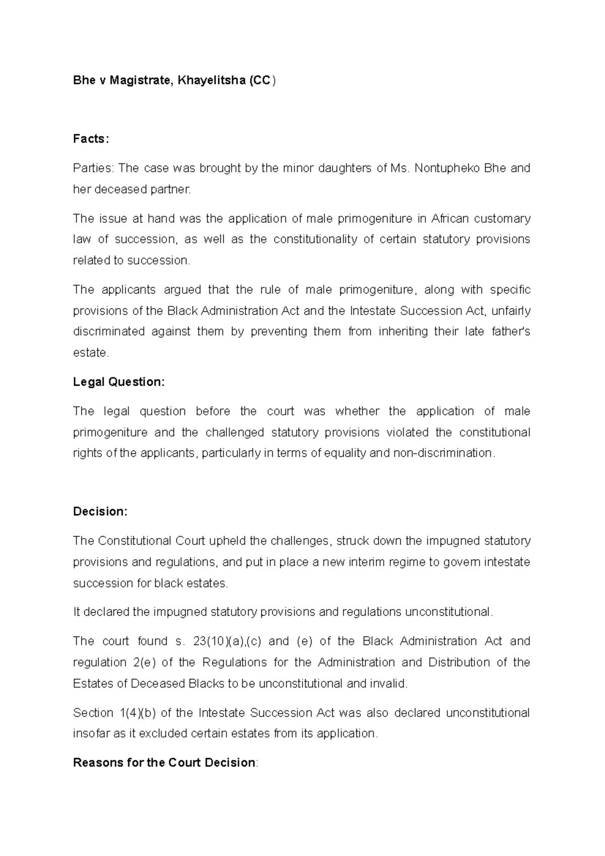 Bhe v Magistrate, Khayelitsha Case Summary & Legal Analysis - Studocu