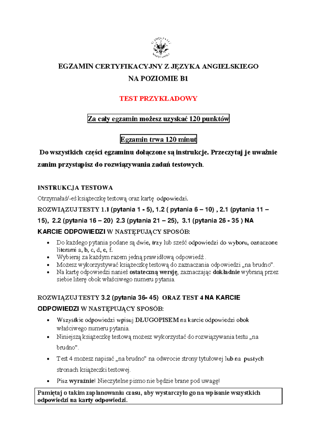 Egzamin Certyfikacyjny Języka Angielskiego - Test B1 Opis i Instrukcje - Document Preview
