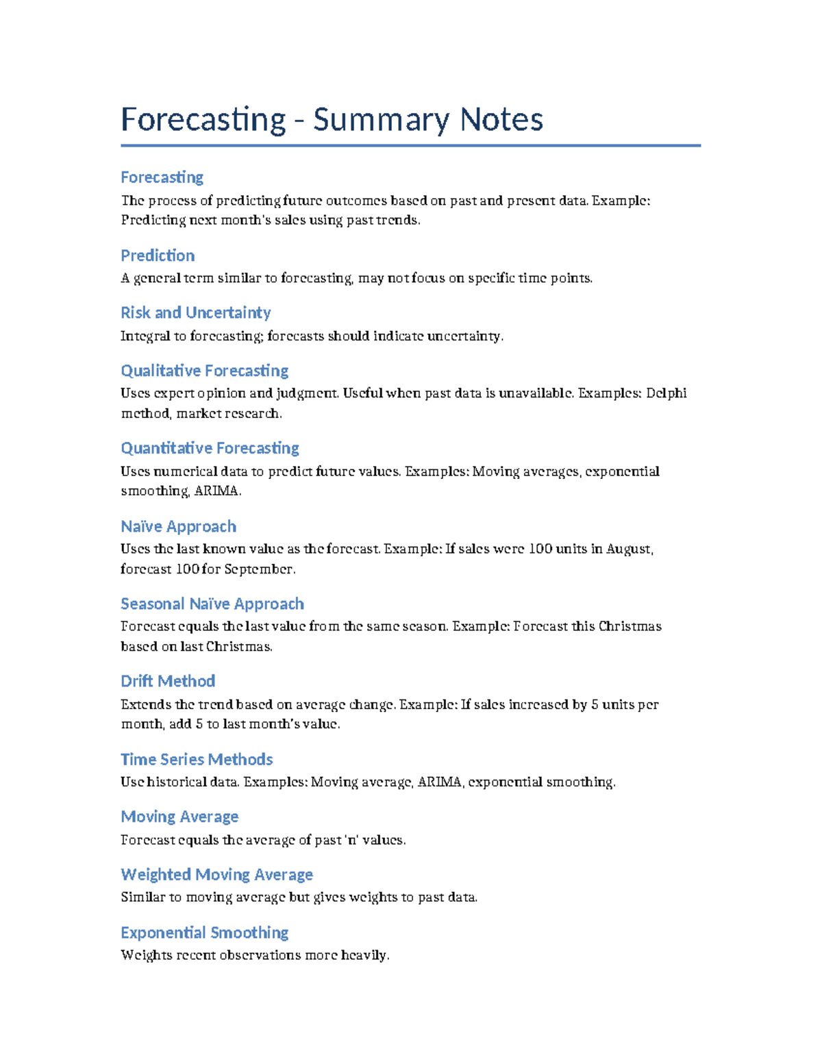 Forecasting Summary Notes: Key Concepts and Methods - Studocu
